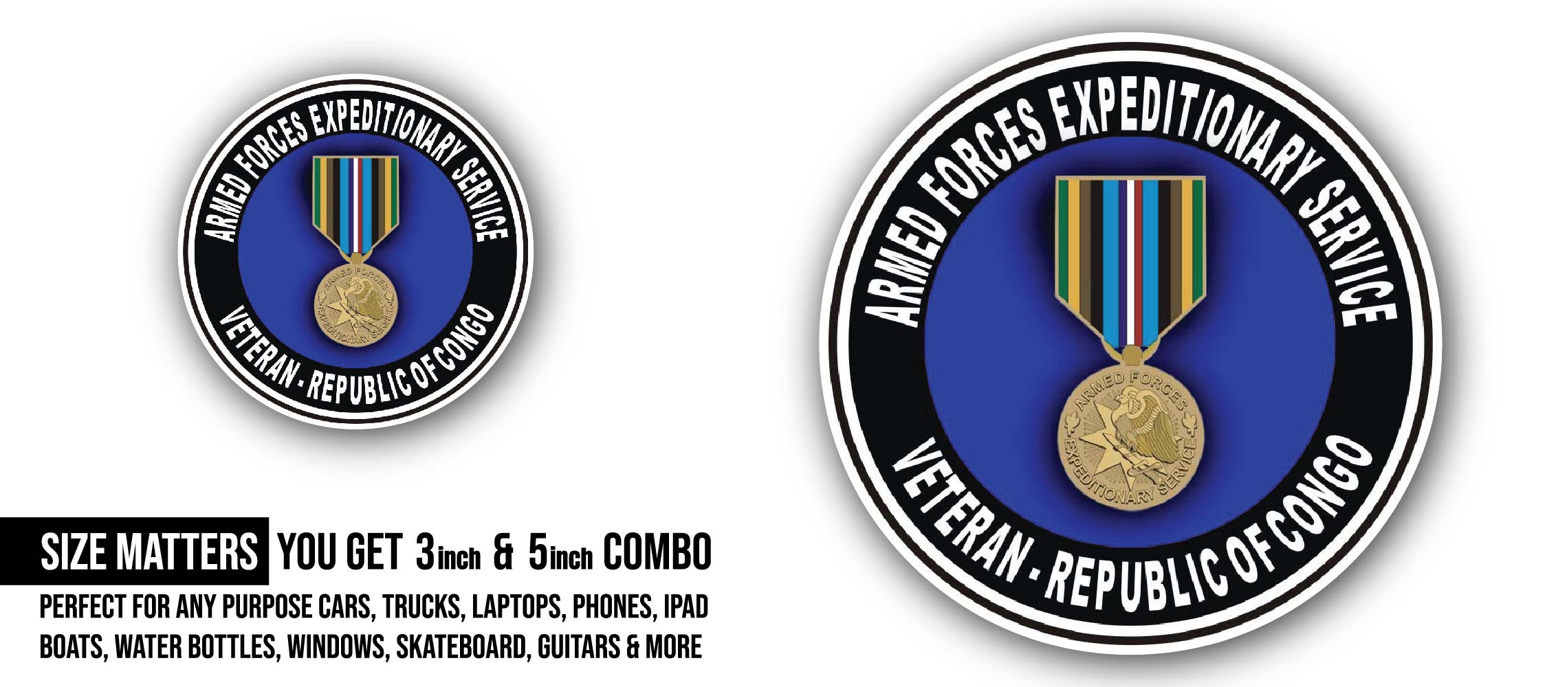 Armed Forces Expeditionary Medal Republic of Congo Sticker, Waterproof Vinyl Decal Sticker Indoor Or Outdoor 2 (Pieces) 3" and 5"