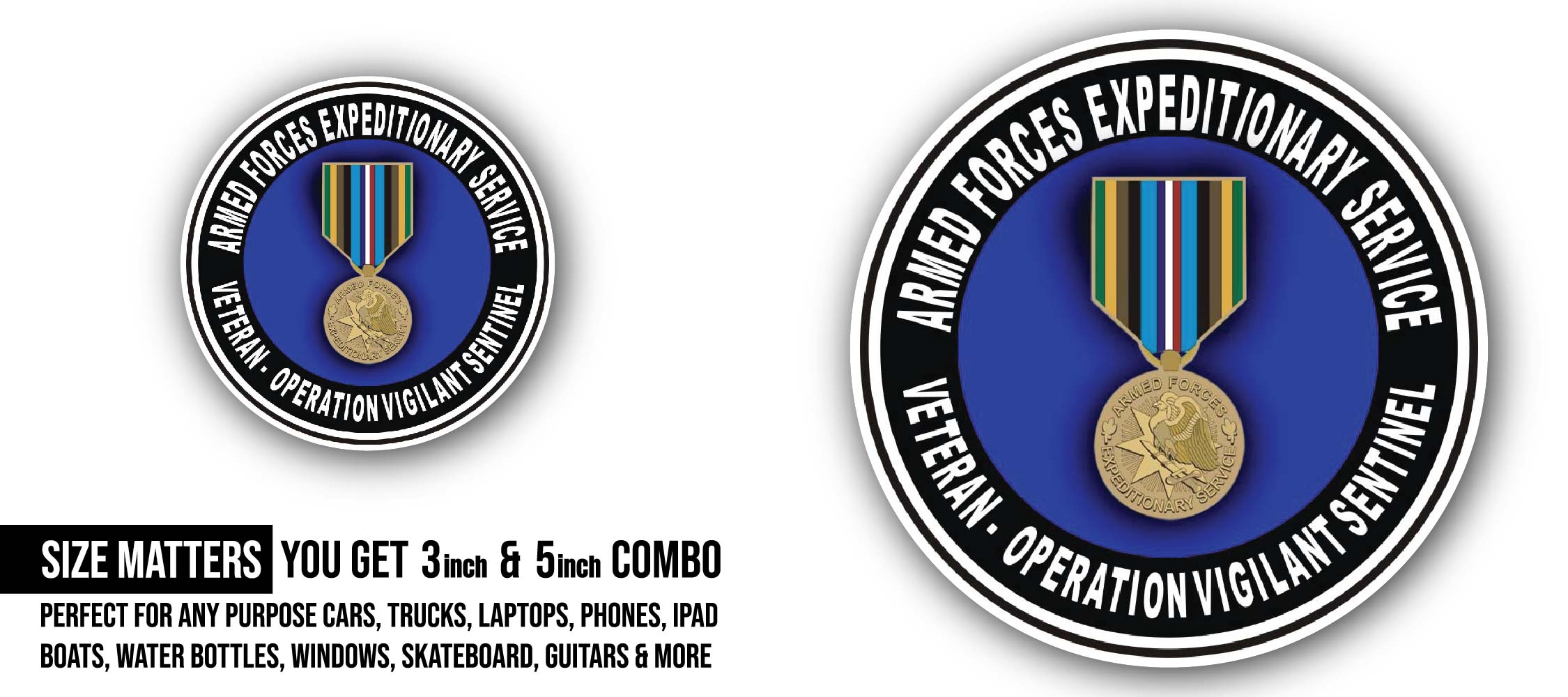 Armed Forces Expeditionary Medal Vigilant Sentinel Sticker, Waterproof Vinyl Decal Sticker Indoor Or Outdoor 2 (Pieces) 3" and 5"