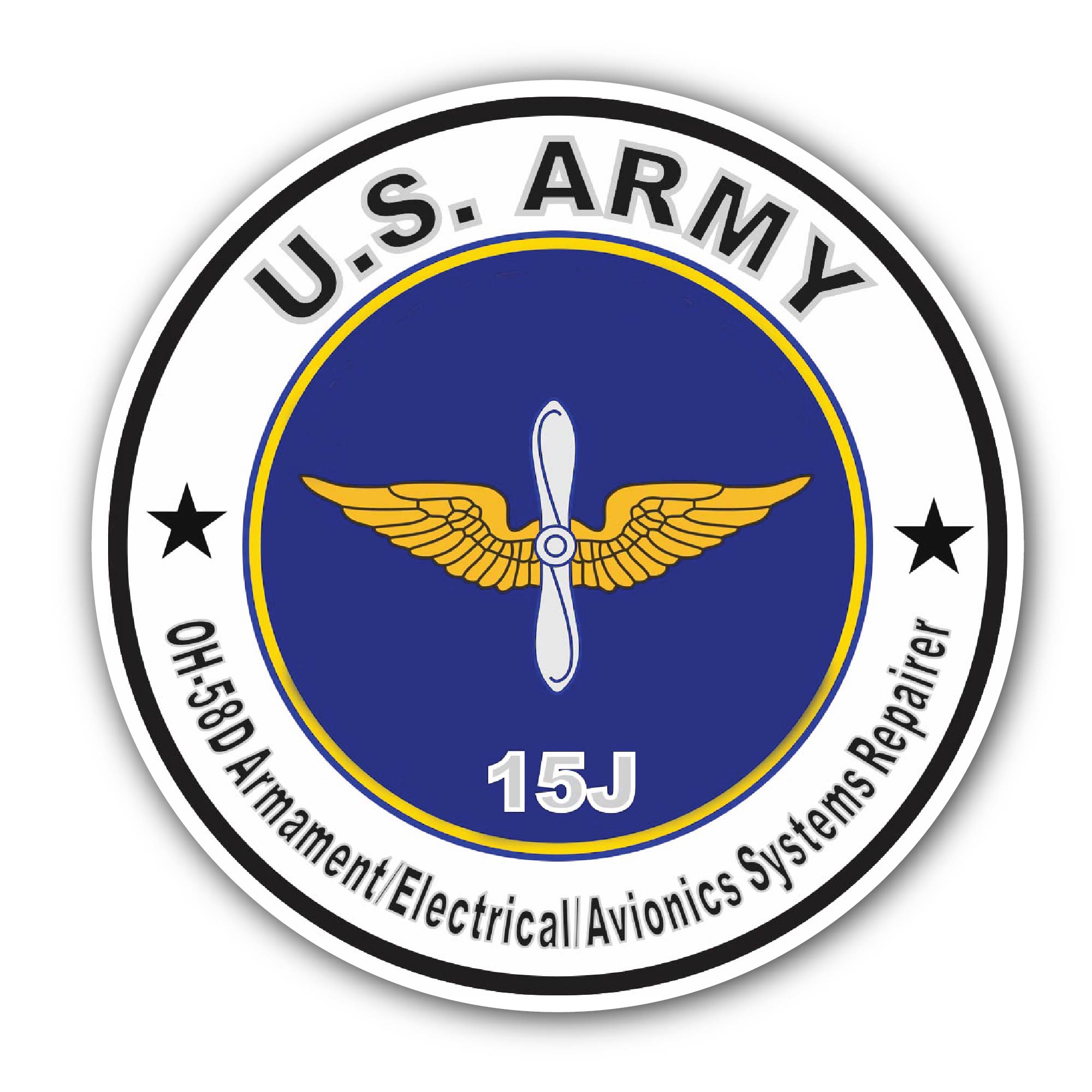 U.S. Army MOS 15J OH-58D Armament Electrician Avionics System Repairer Sticker, Waterproof Vinyl Decal Sticker Indoor Or Outdoor 2 (Pieces) 3" and 5"