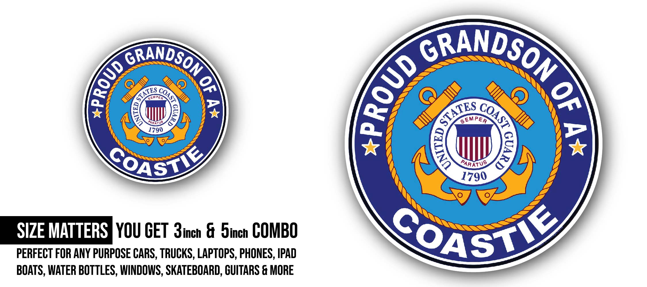 Proud Grandson of a Coastie U.S. Coast Guard Sticker, Waterproof Vinyl Decal Sticker Indoor Or Outdoor 2 (Pieces) 3" and 5"