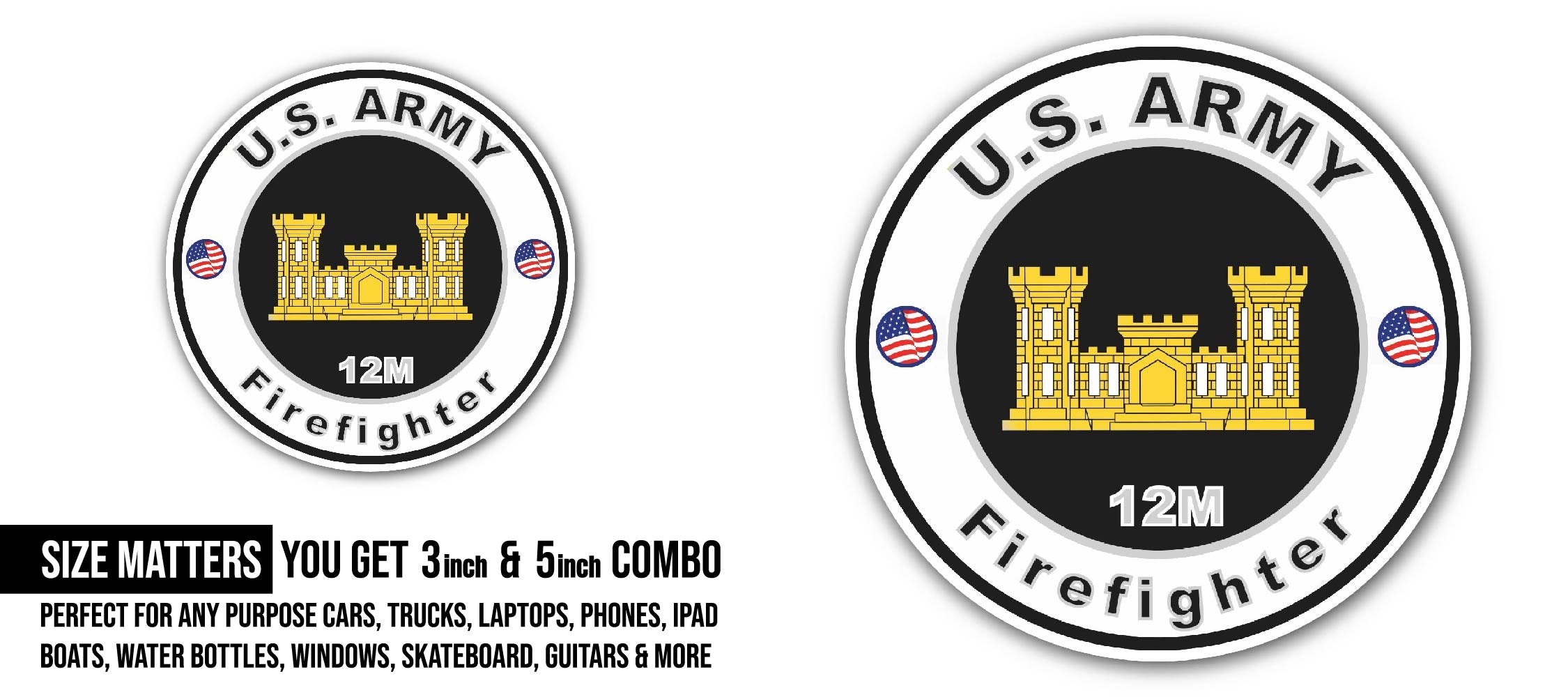 U.S. Army MOS 12M Firefighter Sticker, Waterproof Vinyl Decal Sticker Indoor Or Outdoor 2 (Pieces) 3" and 5"