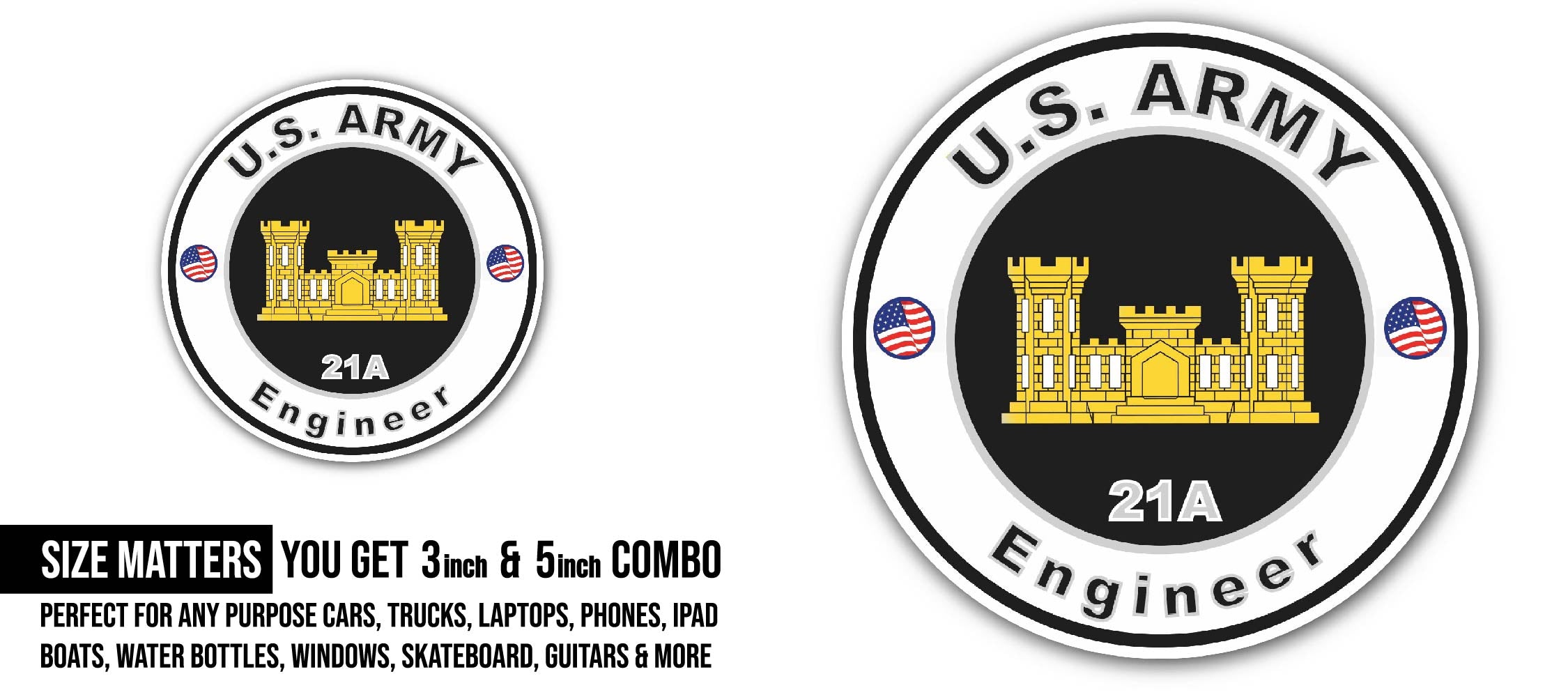 U.S. Army MOS 21A Engineer Sticker, Waterproof Vinyl Decal Sticker Indoor Or Outdoor 2 (Pieces) 3" and 5"
