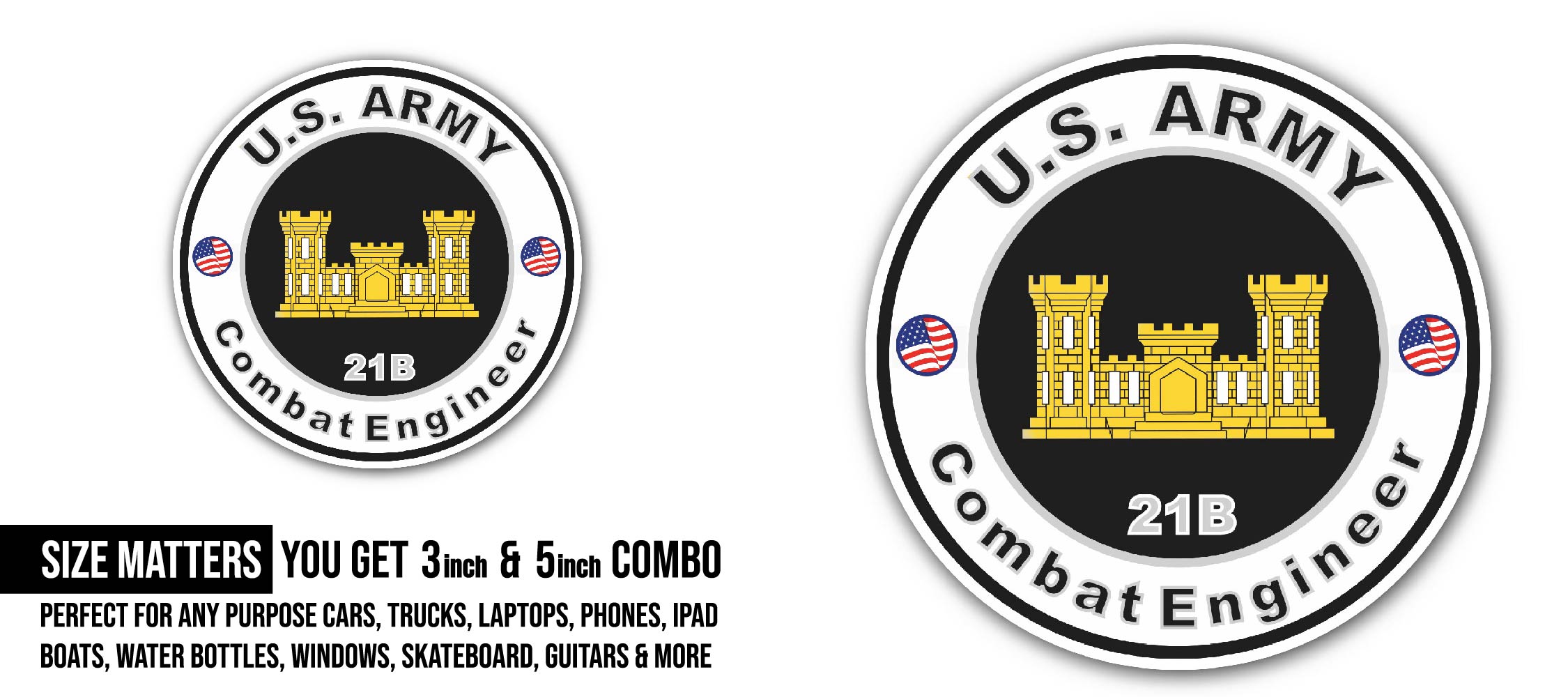 U.S. Army MOS 21B Combat Engineer Sticker, Waterproof Vinyl Decal Sticker Indoor Or Outdoor 2 (Pieces) 3" and 5"