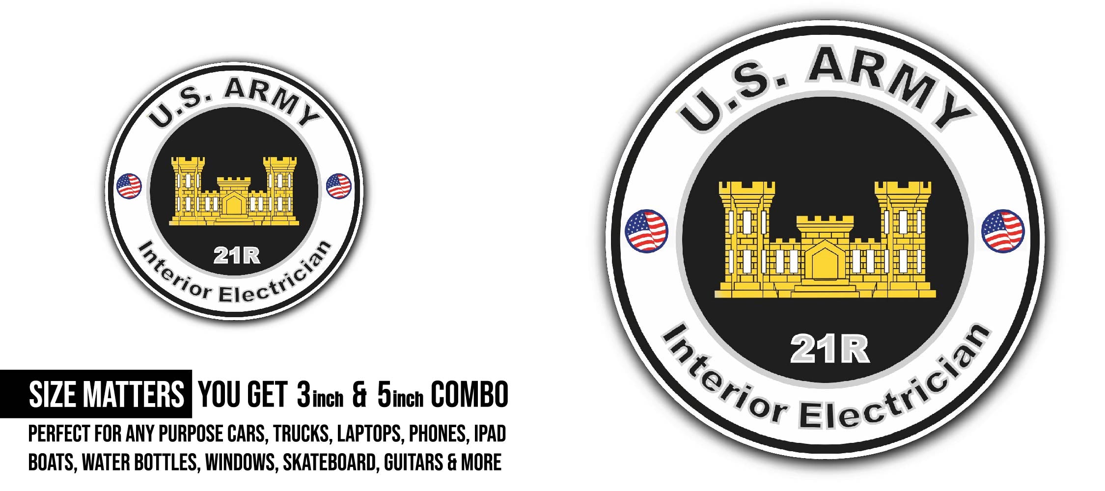 U.S. Army MOS 21R Interior Electrician Sticker, Waterproof Vinyl Decal Sticker Indoor Or Outdoor 2 (Pieces) 3" and 5"