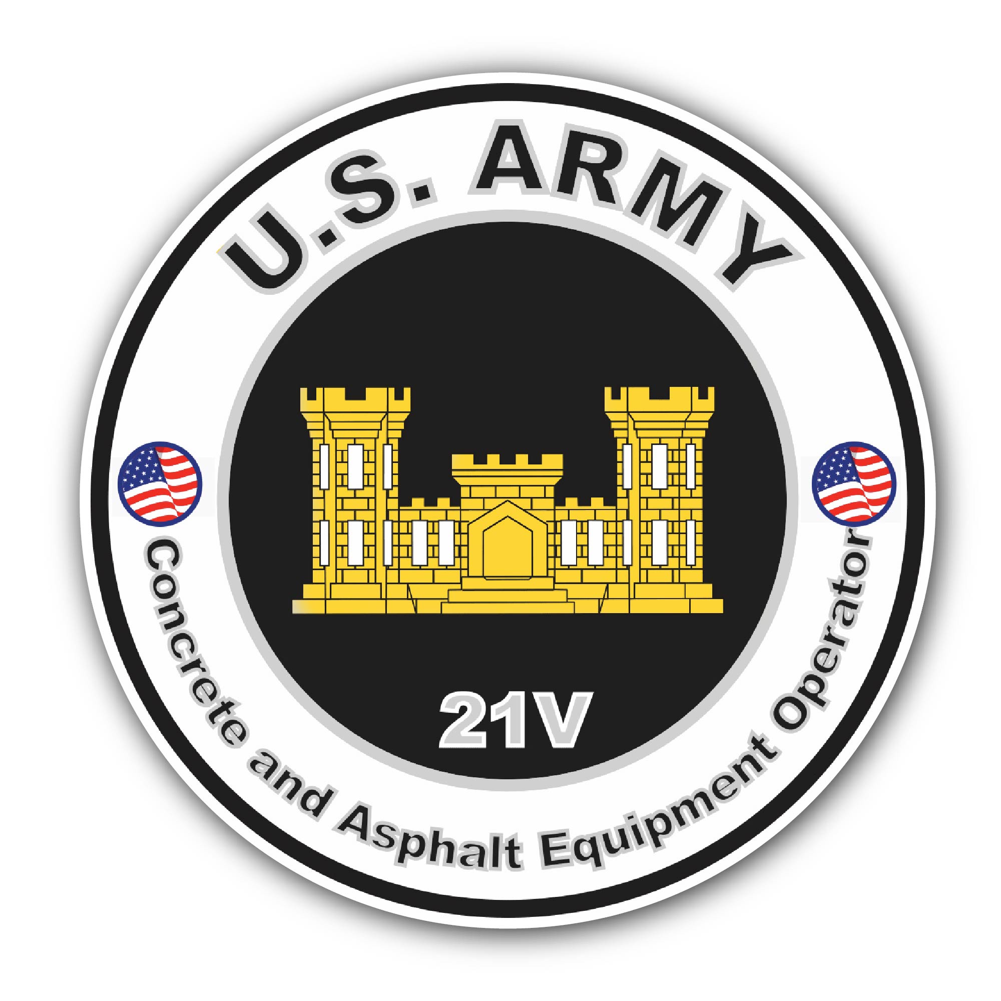 U.S. Army MOS 21V Concrete and Asphault Equipment Operator Sticker, Waterproof Vinyl Decal Sticker Indoor Or Outdoor 2 (Pieces) 3" and 5"