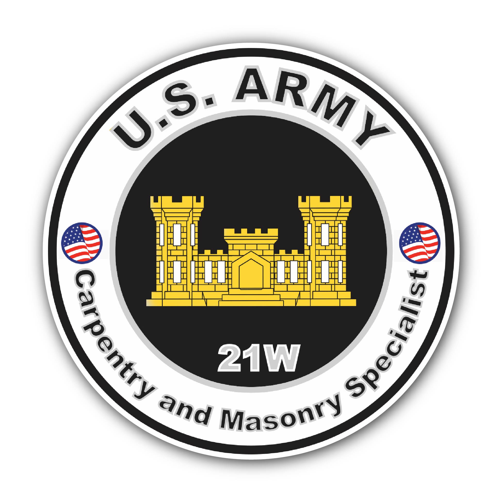 U.S. Army MOS 21W Carpentry and Masonry Specialist Sticker, Waterproof Vinyl Decal Sticker Indoor Or Outdoor 2 (Pieces) 3" and 5"
