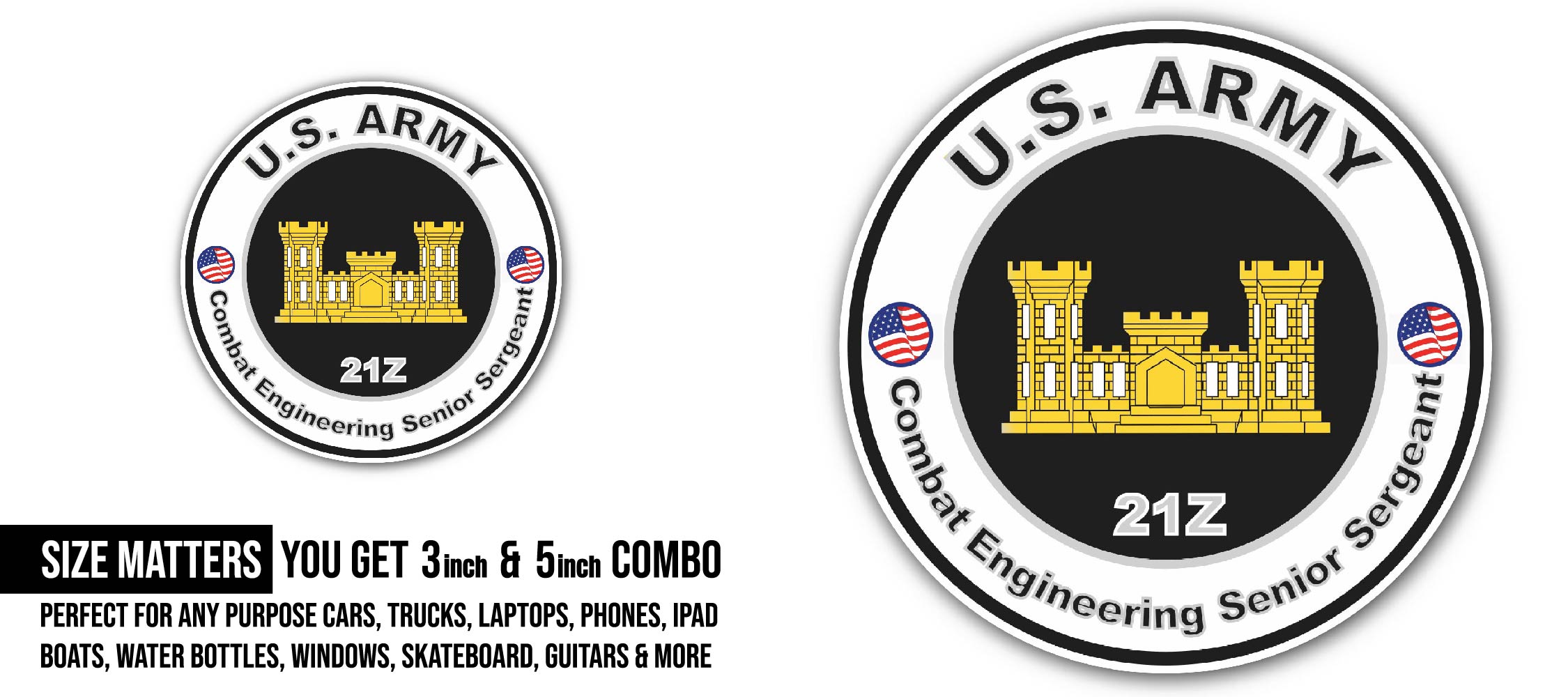 U.S. Army MOS 21Z Combat Engineering Senior Sergeant Sticker, Waterproof Vinyl Decal Sticker Indoor Or Outdoor 2 (Pieces) 3" and 5"