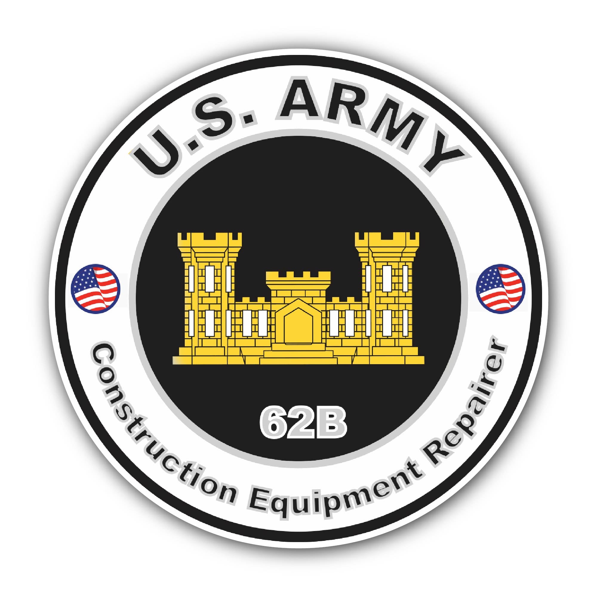 U.S. Army MOS 62B Constructions Equipment Repairer Sticker, Waterproof Vinyl Decal Sticker Indoor Or Outdoor 2 (Pieces) 3" and 5"