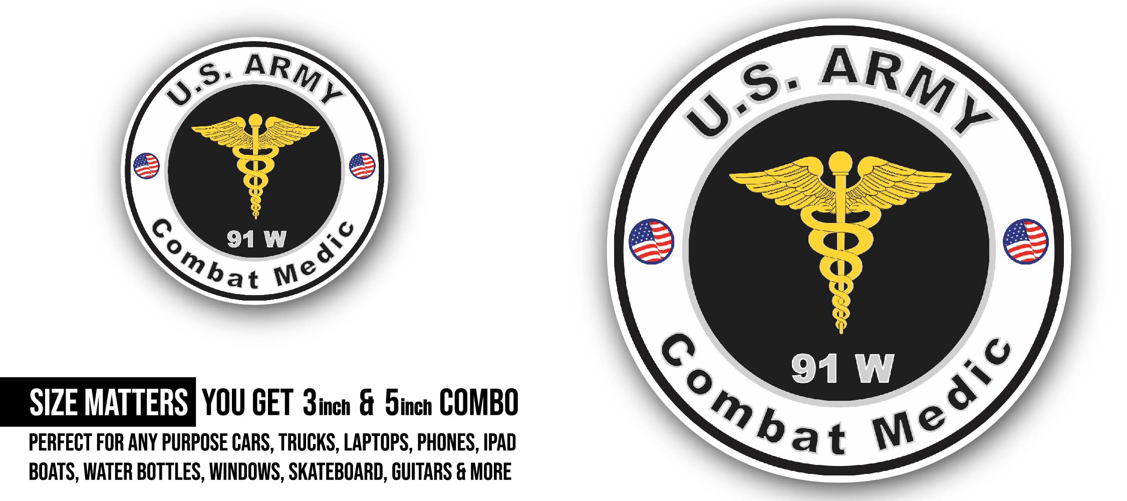 U.S. Army MOS 91W Combat Medic Sticker, Waterproof Vinyl Decal Sticker Indoor Or Outdoor 2 (Pieces) 3" and 5"