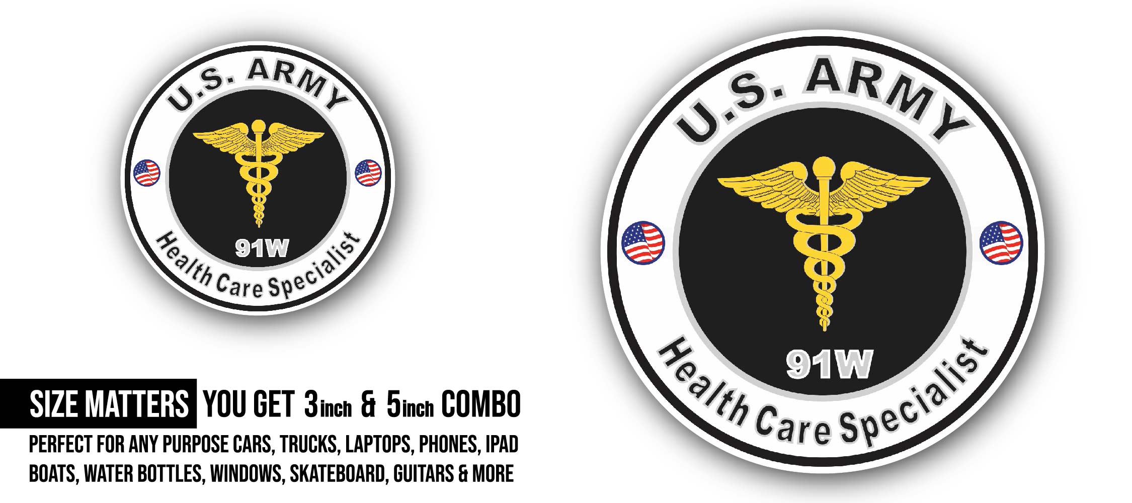 U.S. Army MOS 91W Health Care Specialist Sticker, Waterproof Vinyl Decal Sticker Indoor Or Outdoor 2 (Pieces) 3" and 5"