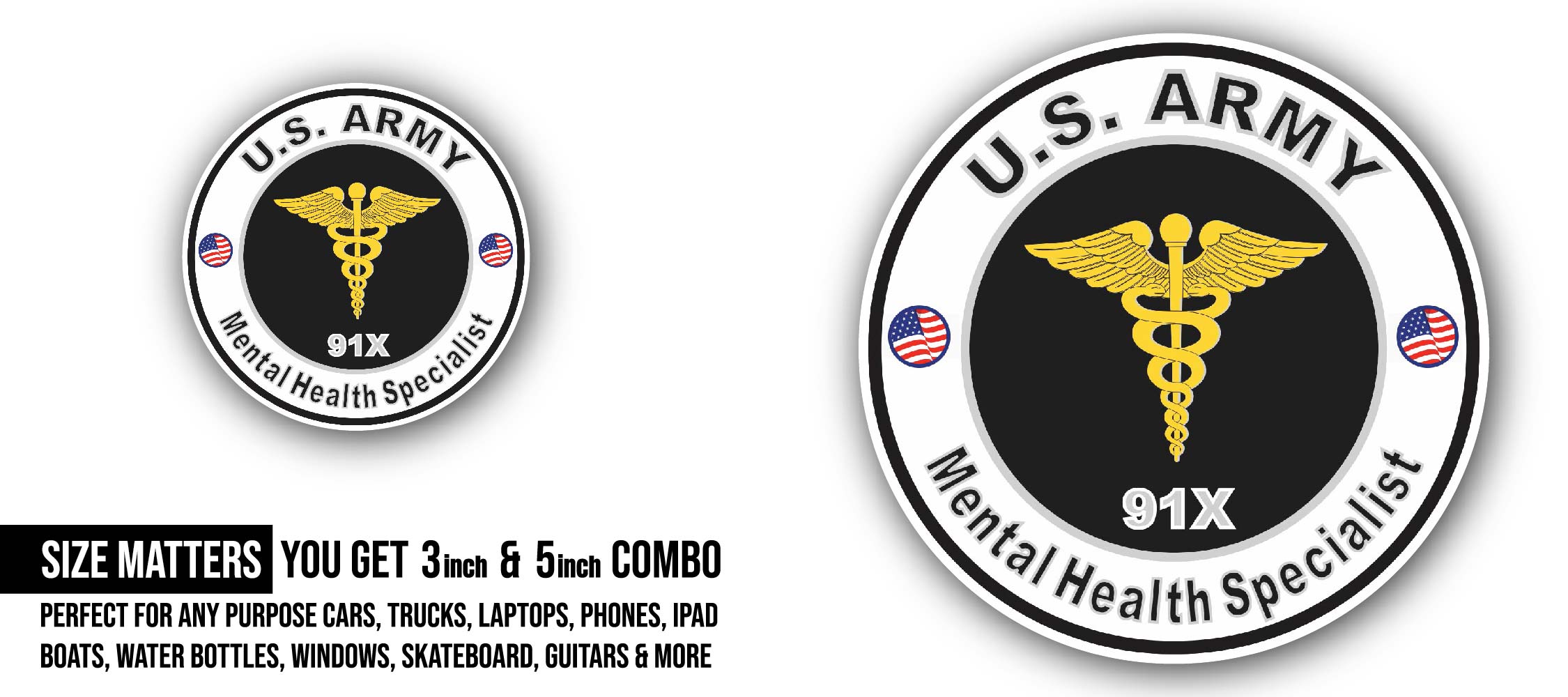 U.S. Army MOS 91X Mental Health Specialist Sticker, Waterproof Vinyl Decal Sticker Indoor Or Outdoor 2 (Pieces) 3" and 5"