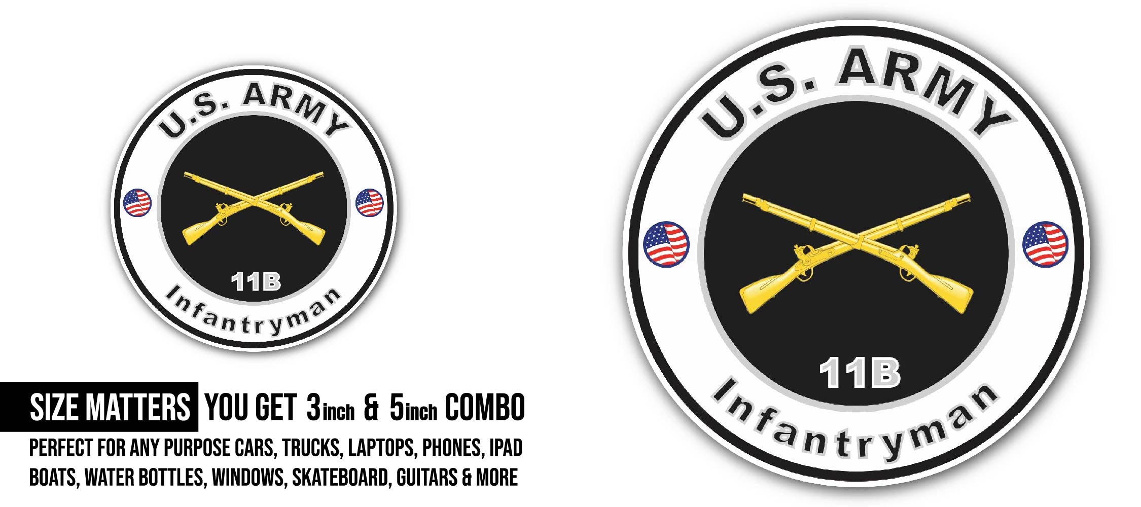U.S. Army MOS 11B Infantryman Sticker, Waterproof Vinyl Decal Sticker Indoor Or Outdoor 2 (Pieces) 3" and 5"