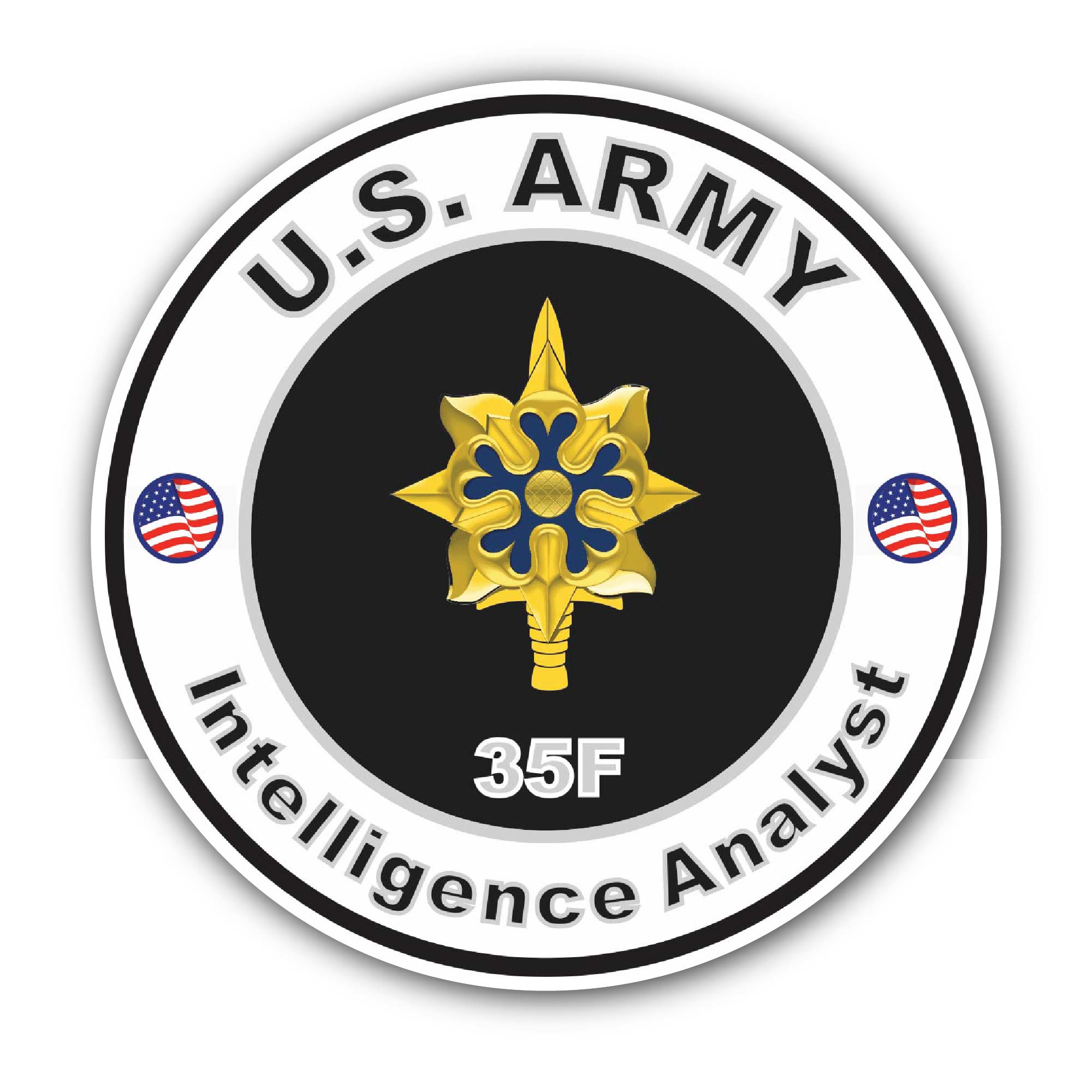U.S. Army MOS 35F Intelligence Analyst Sticker, Waterproof Vinyl Decal Sticker Indoor Or Outdoor 2 (Pieces) 3" and 5"