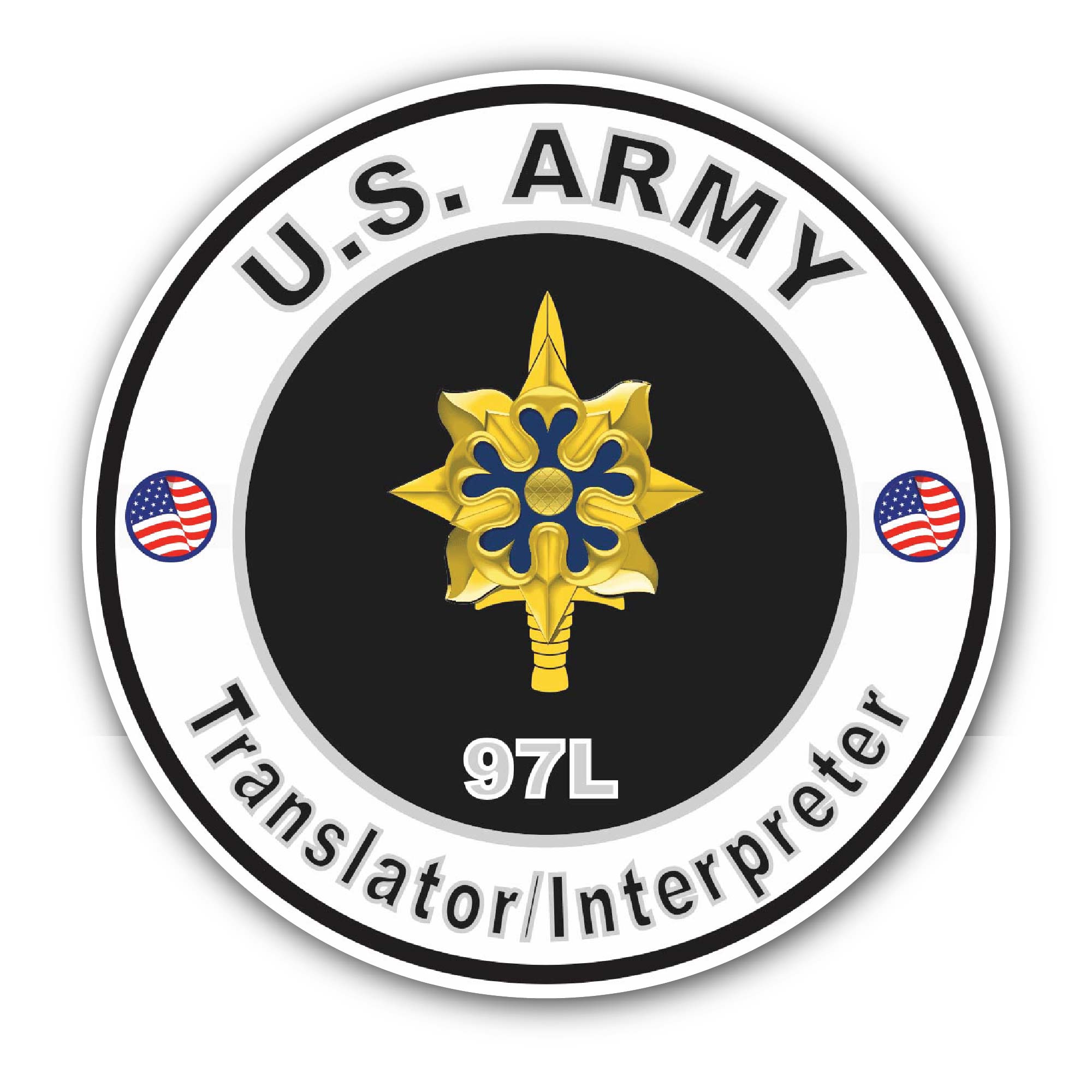 U.S. Army MOS 97L Translator/Interpreter Sticker, Waterproof Vinyl Decal Sticker Indoor Or Outdoor 2 (Pieces) 3" and 5"