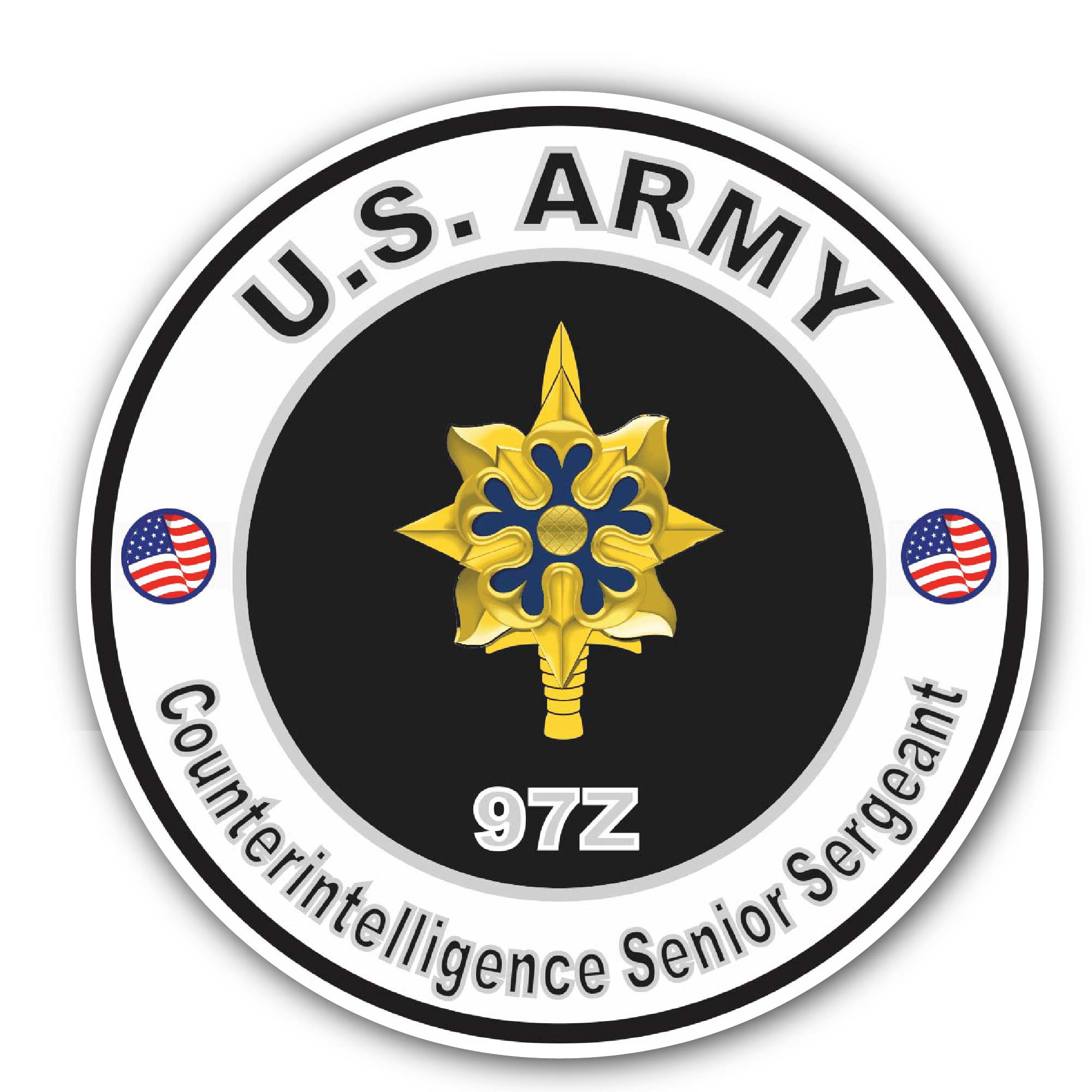 U.S. Army MOS 97Z Intelligence Senior Sergeant Sticker, Waterproof Vinyl Decal Sticker Indoor Or Outdoor 2 (Pieces) 3" and 5"