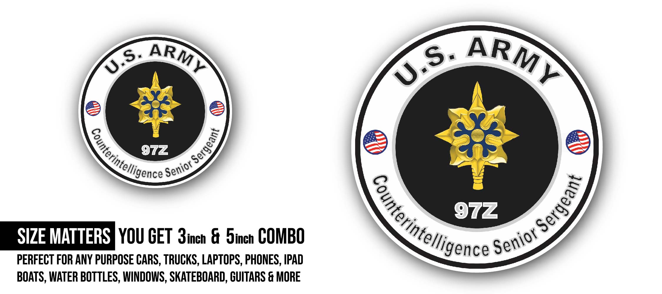 U.S. Army MOS 97Z Intelligence Senior Sergeant Sticker, Waterproof Vinyl Decal Sticker Indoor Or Outdoor 2 (Pieces) 3" and 5"
