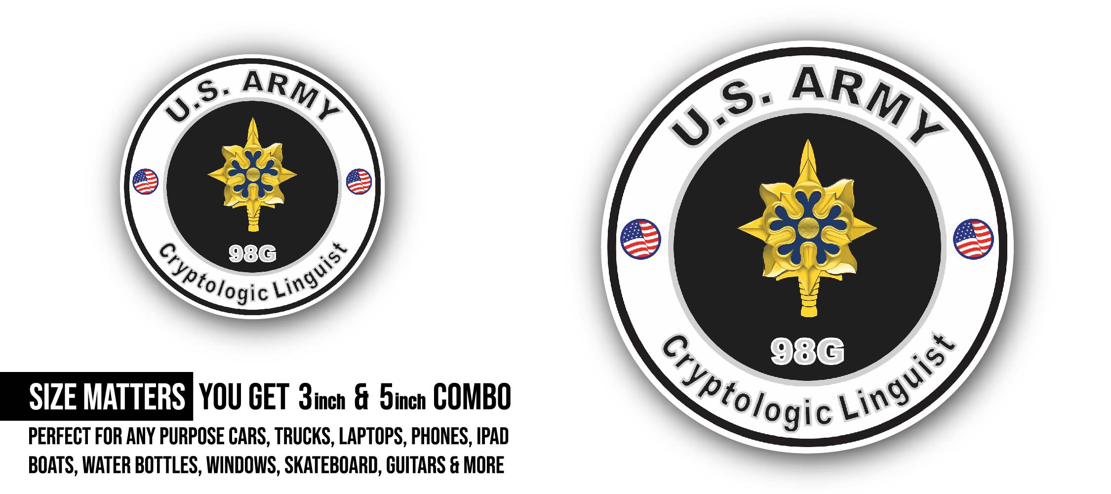 U.S. Army MOS 98G Cryptologic Linguist Sticker, Waterproof Vinyl Decal Sticker Indoor Or Outdoor 2 (Pieces) 3" and 5"