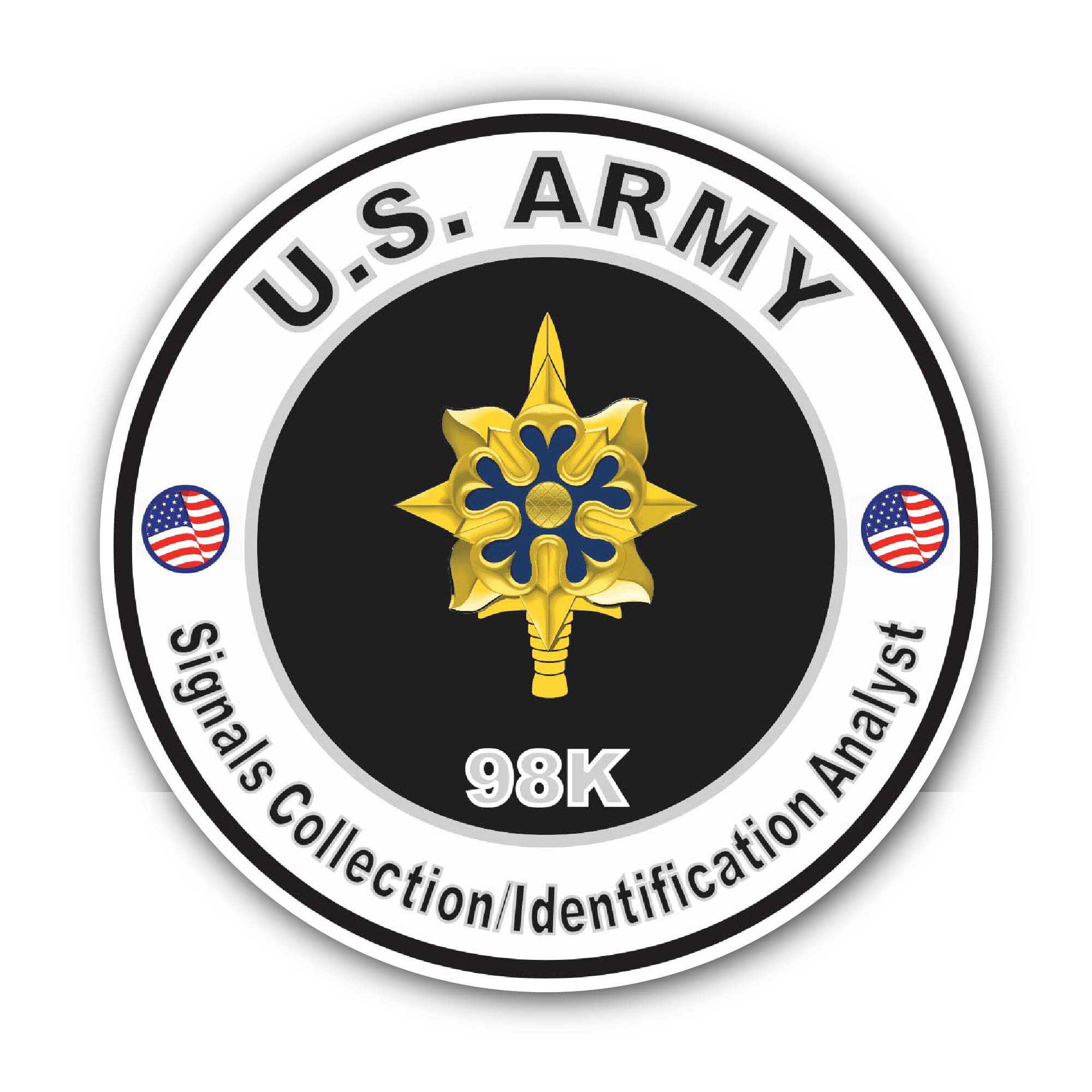 U.S. Army MOS 98K Signals Collection Identification Analyst Sticker, Waterproof Vinyl Decal Sticker Indoor Or Outdoor 2 (Pieces) 3" and 5"