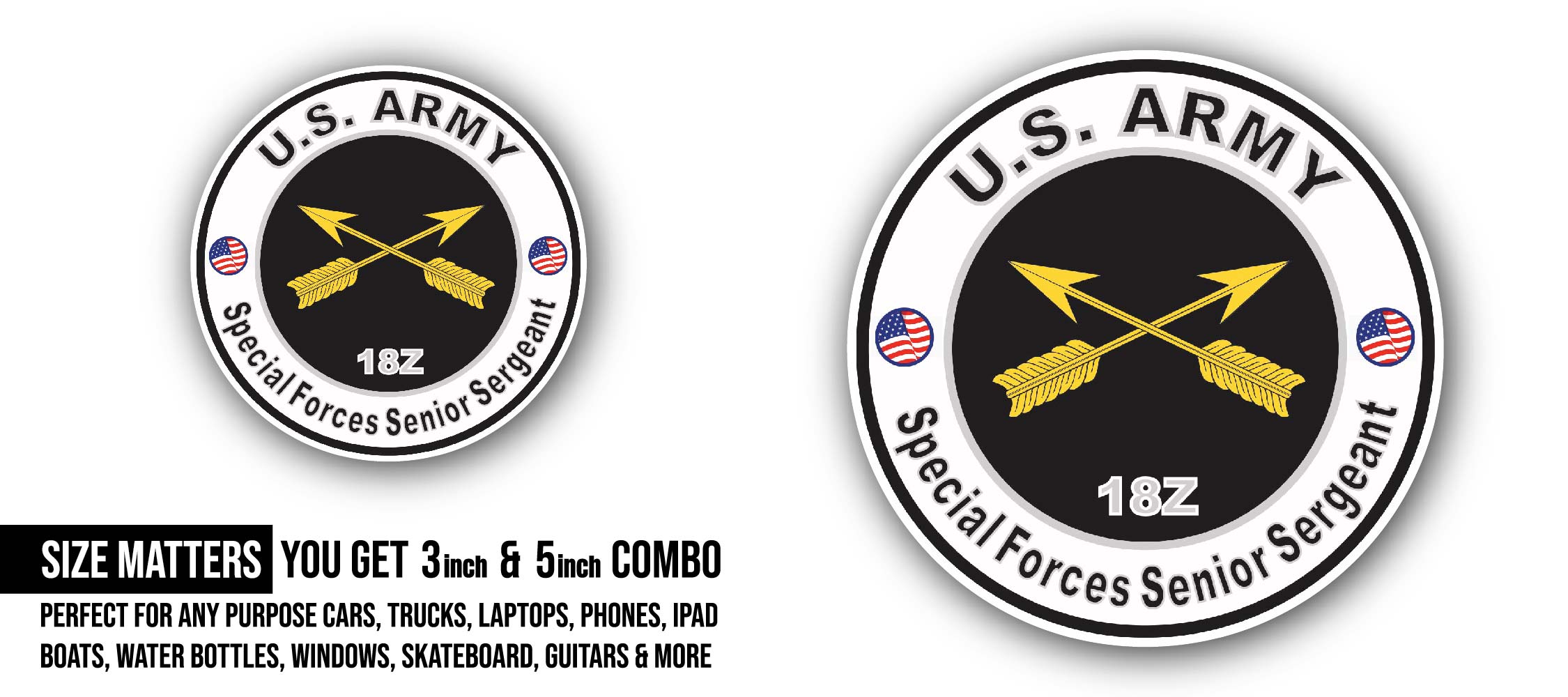 U.S. Army MOS 18Z Special Forces Senior Sergeant Sticker, Waterproof Vinyl Decal Sticker Indoor Or Outdoor 2 (Pieces) 3" and 5"