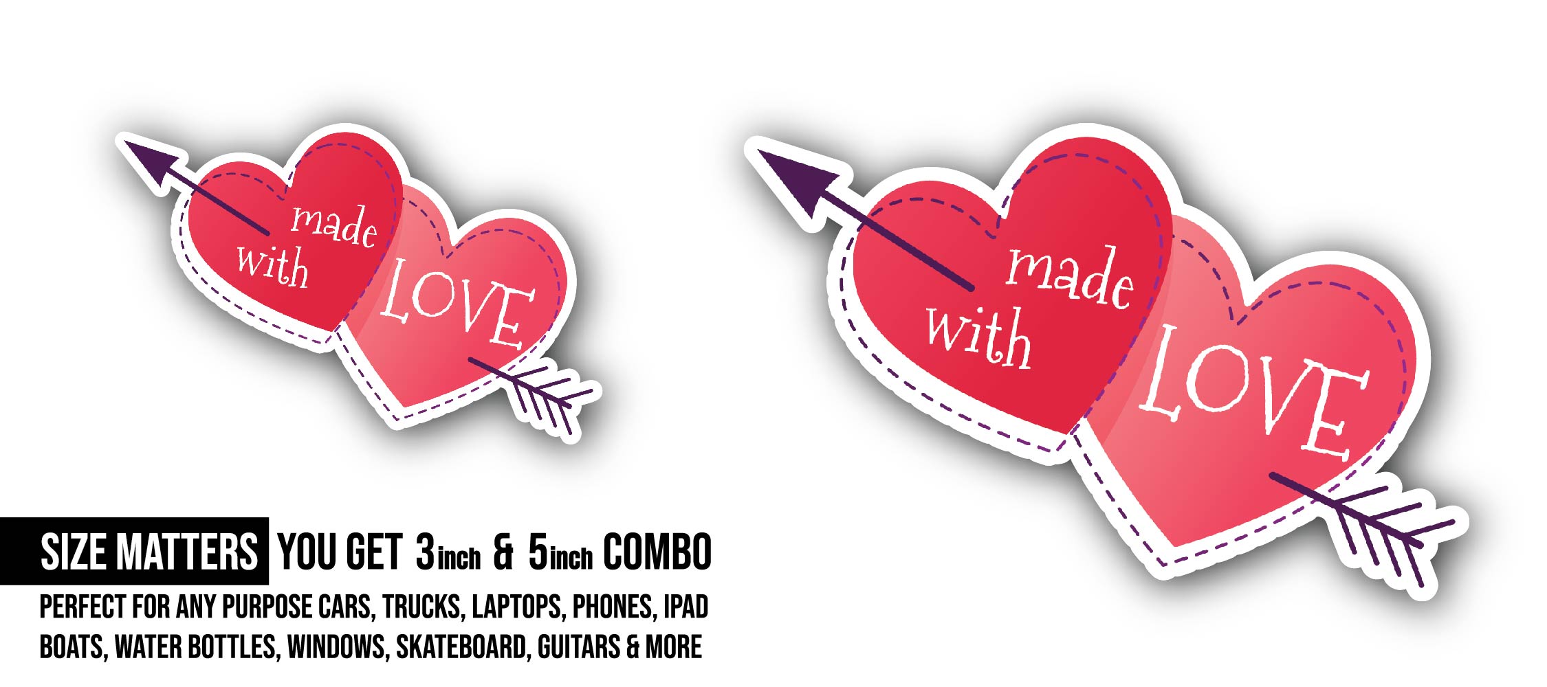 Made with Love Hart and Arrow Sticker, Waterproof Vinyl Decal Sticker Indoor Or Outdoor 2 (Pieces) 3" and 5"