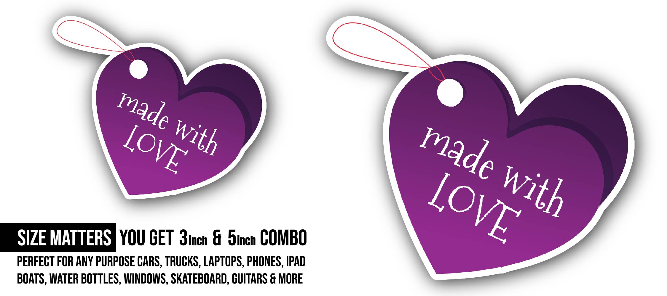 Made with Love Hart Tag Sticker, Waterproof Vinyl Decal Sticker Indoor Or Outdoor 2 (Pieces) 3" and 5"