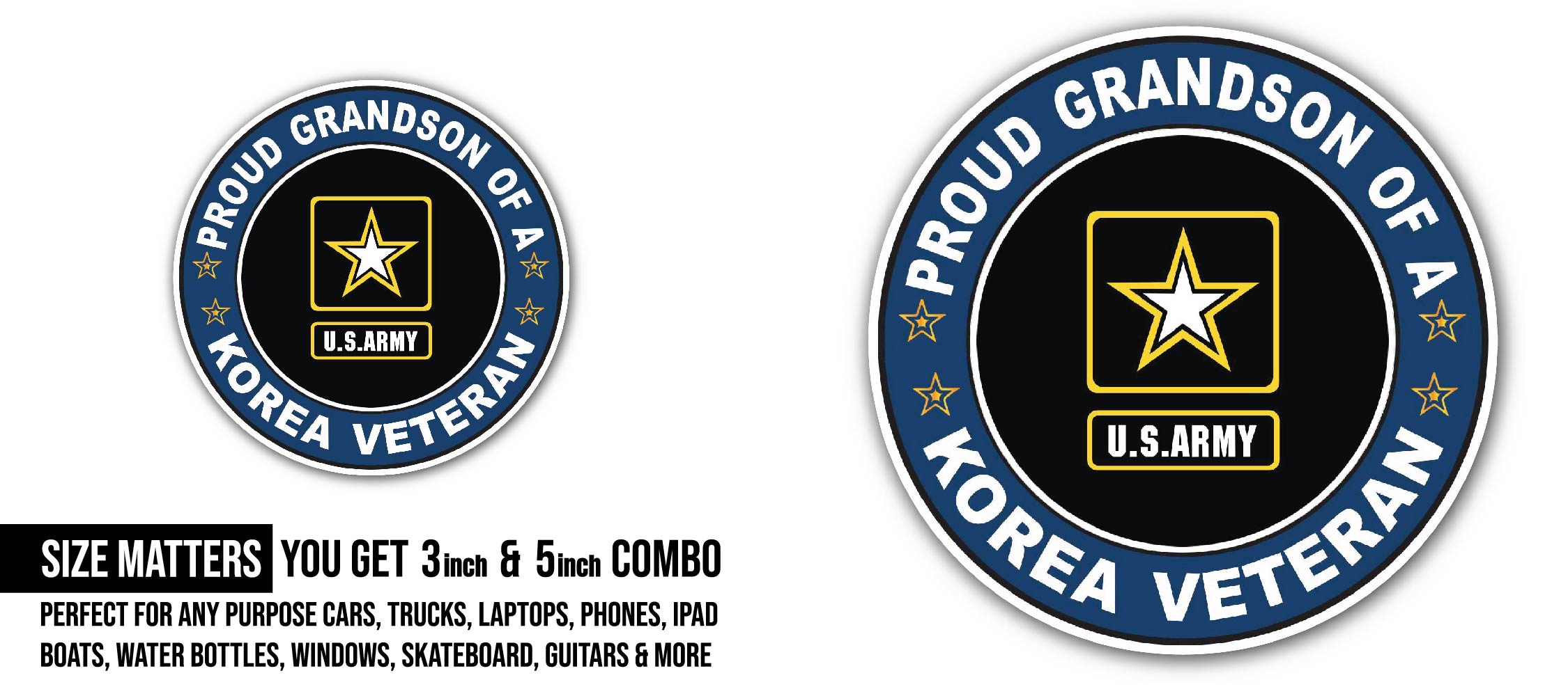 U.S. Army Proud Grandson of a Korea Veteran Sticker, Waterproof Vinyl Decal Sticker Indoor Or Outdoor 2 (Pieces) 3" and 5"