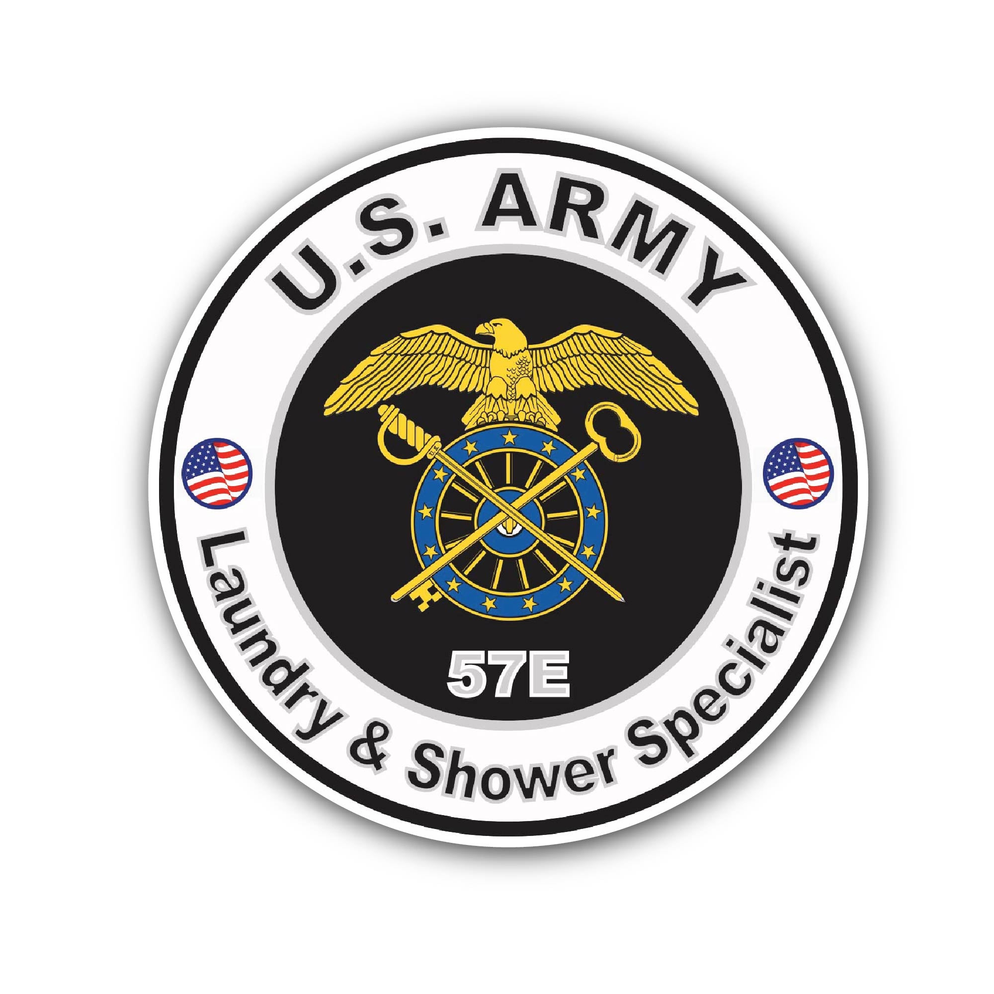 U.S. Army MOS 57E Laundry and Shower Specialist Sticker, Waterproof Vinyl Decal Sticker Indoor Or Outdoor 2 (Pieces) 3" and 5"