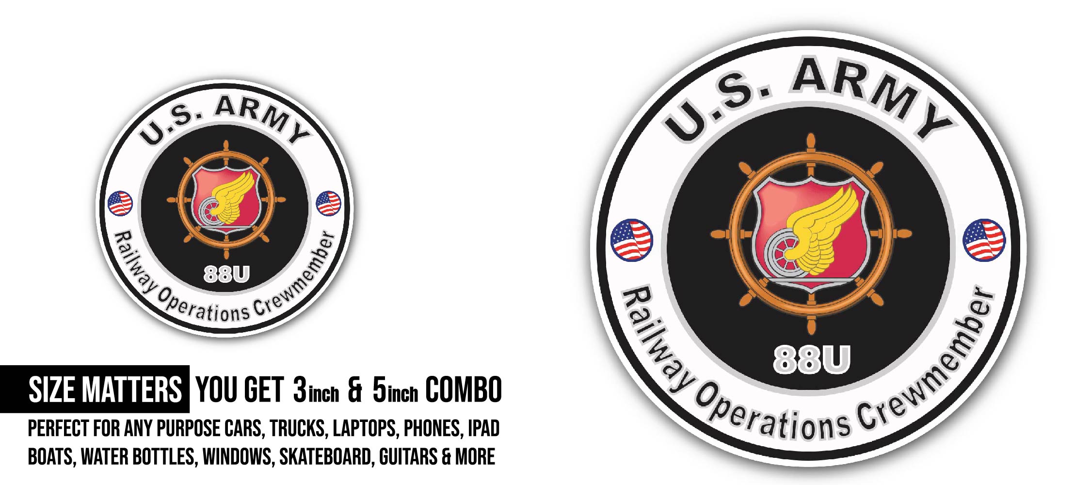 U.S. Army MOS 88U Railway Operations Crewmember Sticker, Waterproof Vinyl Decal Sticker Indoor Or Outdoor 2 (Pieces) 3" and 5"