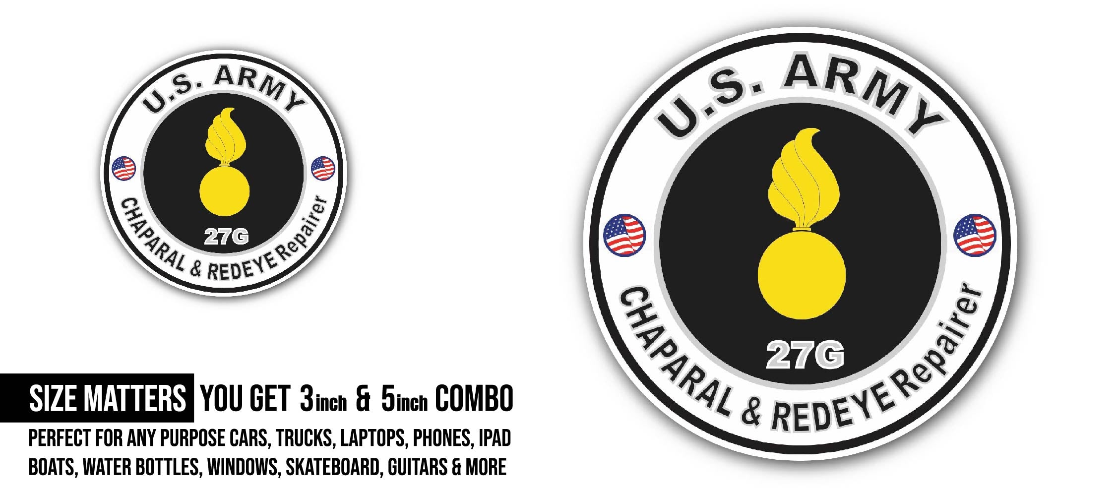 U.S. Army MOS 27G CHAPARAL and Redeye Repairer Sticker, Waterproof Vinyl Decal Sticker Indoor Or Outdoor 2 (Pieces) 3" and 5"