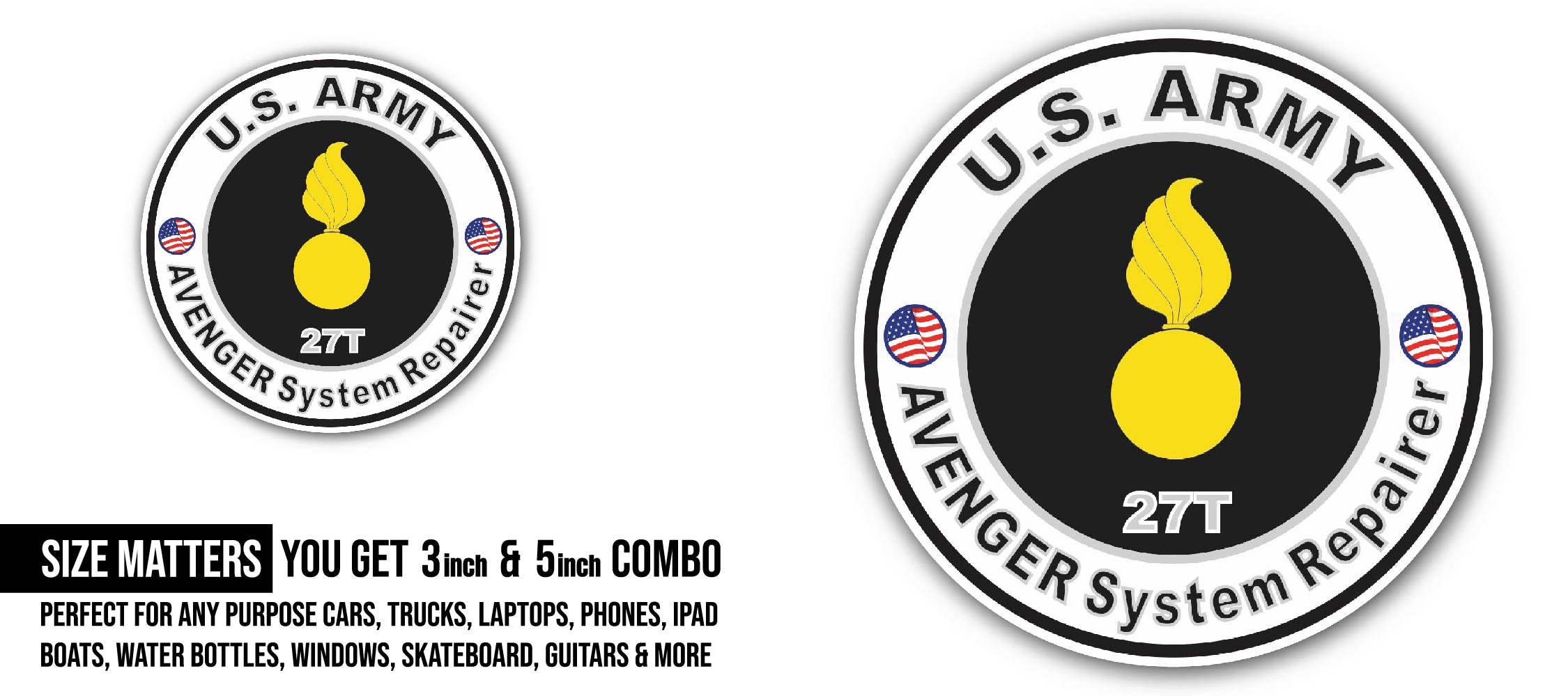 U.S. Army MOS 27T Avenger System Repairer Sticker, Waterproof Vinyl Decal Sticker Indoor Or Outdoor 2 (Pieces) 3" and 5"