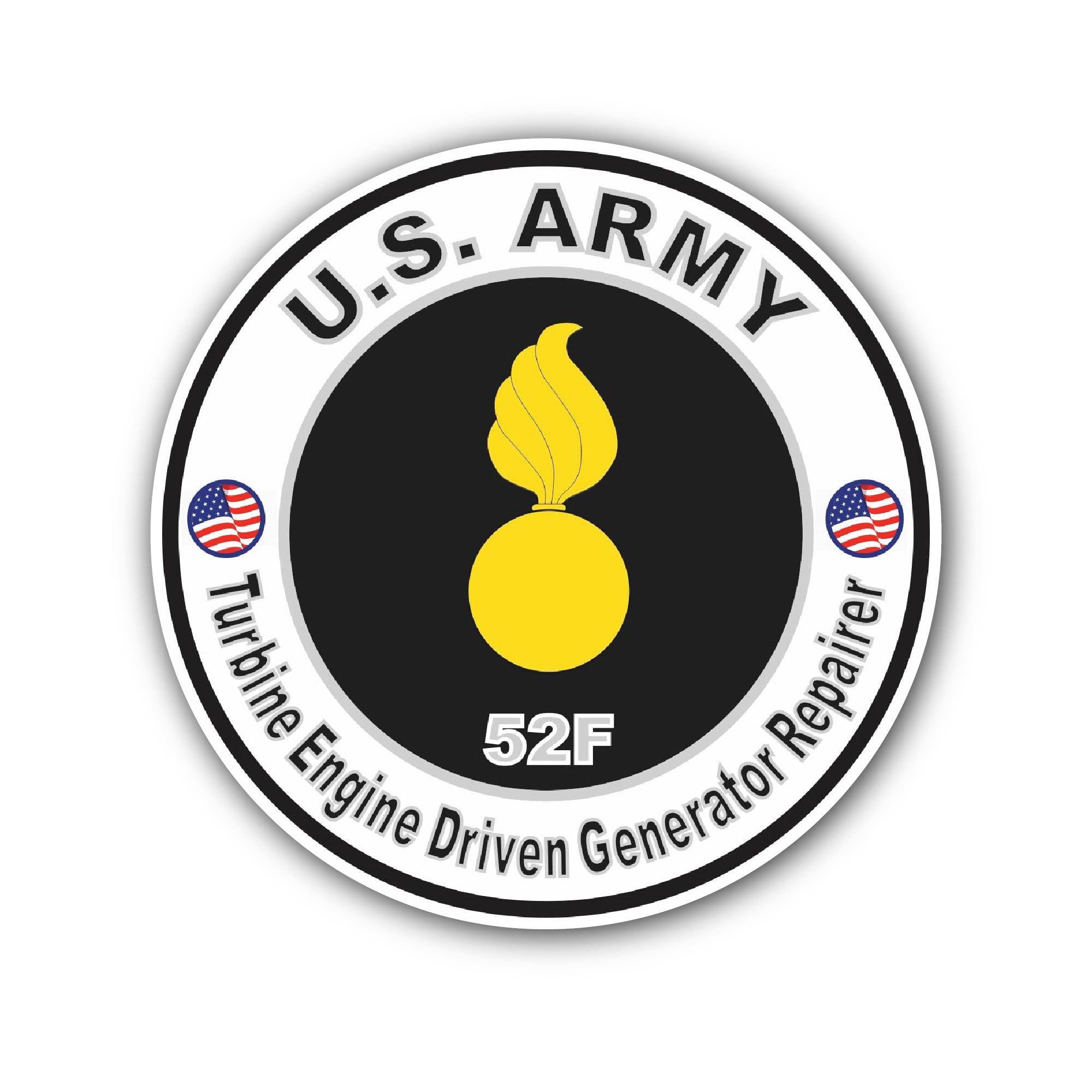 U.S. Army MOS 52F Turbine Engine Driven Generator Repairer Sticker, Waterproof Vinyl Decal Sticker Indoor Or Outdoor 2 (Pieces) 3" and 5"