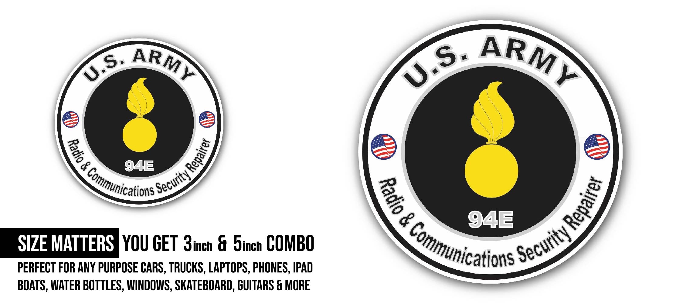 U.S. Army MOS 94E Radio & Communications Security Repairer Sticker, Waterproof Vinyl Decal Sticker Indoor Or Outdoor 2 (Pieces) 3" and 5"