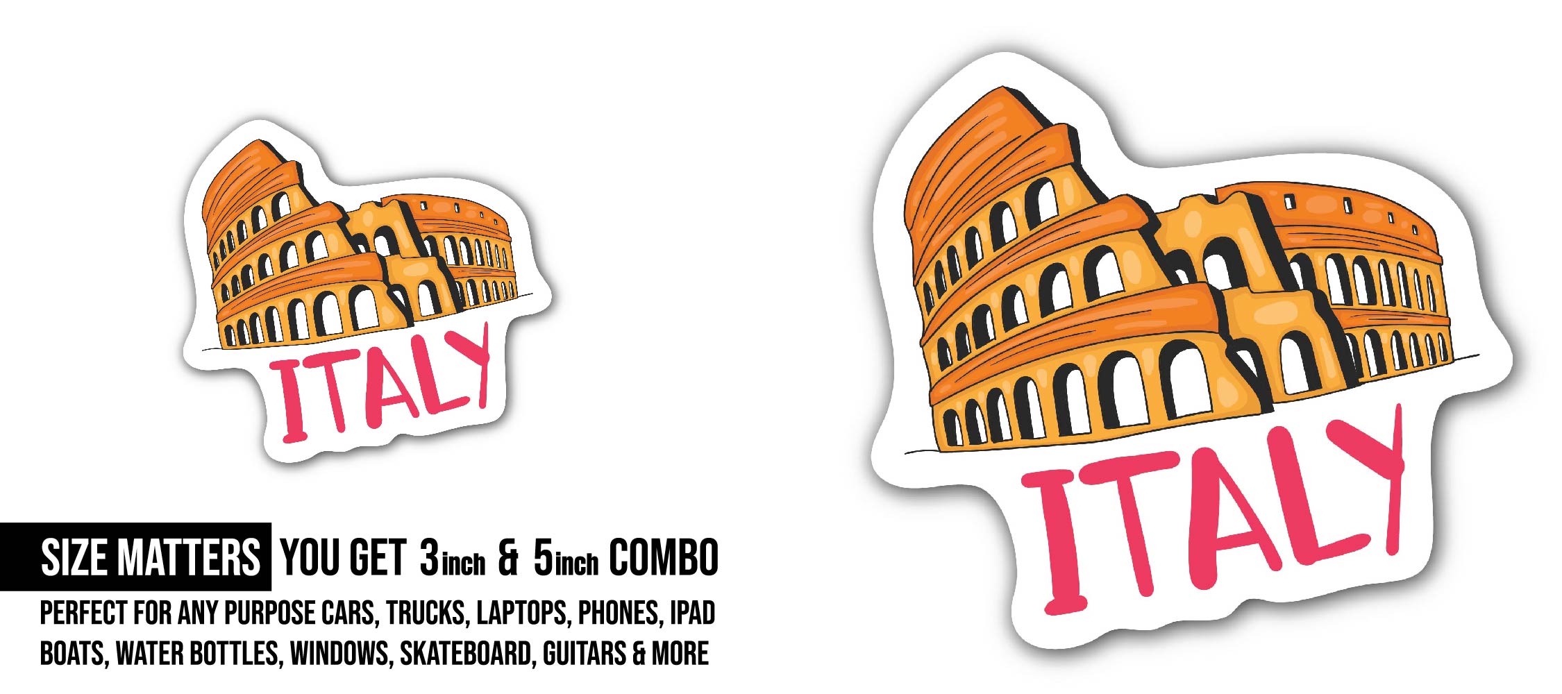 Italy Colosseum Sticker, Waterproof Vinyl Decal Sticker Indoor Or Outdoor 2 (Pieces) 3" and 5"