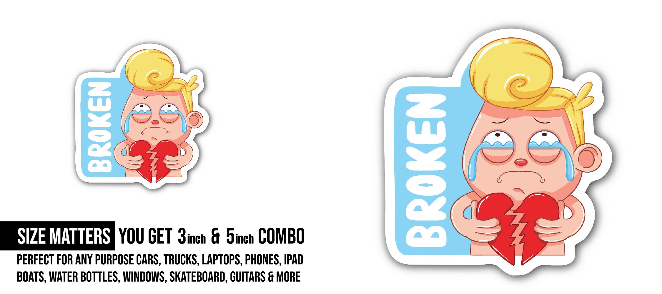 Broken heart Boy Sticker, Waterproof Vinyl Decal Sticker Indoor Or Outdoor 2 (Pieces) 3" and 5"