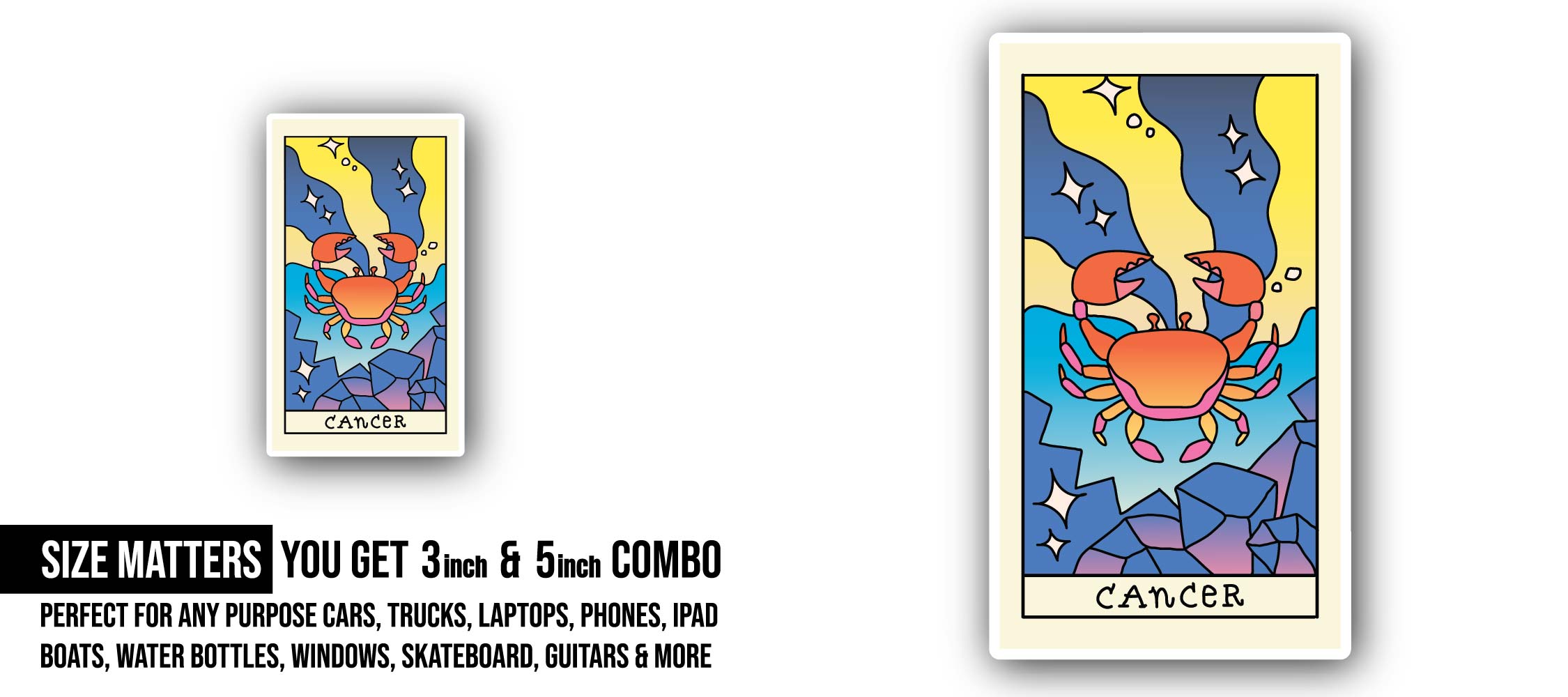 Cancer Zodiac Sticker, Waterproof Vinyl Decal Sticker Indoor Or Outdoor 2 (Pieces) 3" and 5"