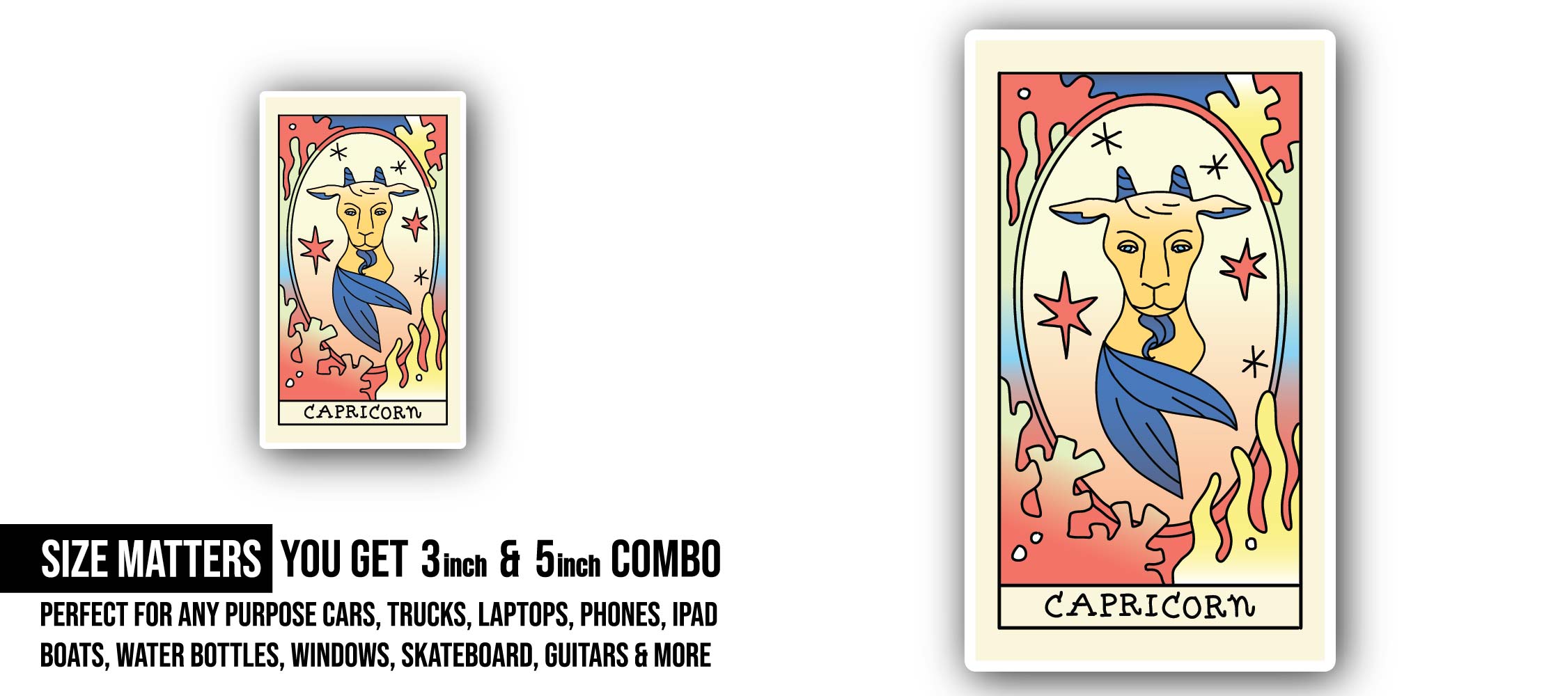 Capricorn Zodiac Sticker, Waterproof Vinyl Decal Sticker Indoor Or Outdoor 2 (Pieces) 3" and 5"