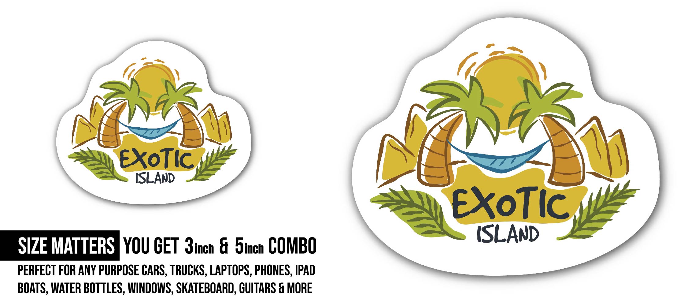 Exotic Island Sticker, Waterproof Vinyl Decal Sticker Indoor Or Outdoor 2 (Pieces) 3" and 5"