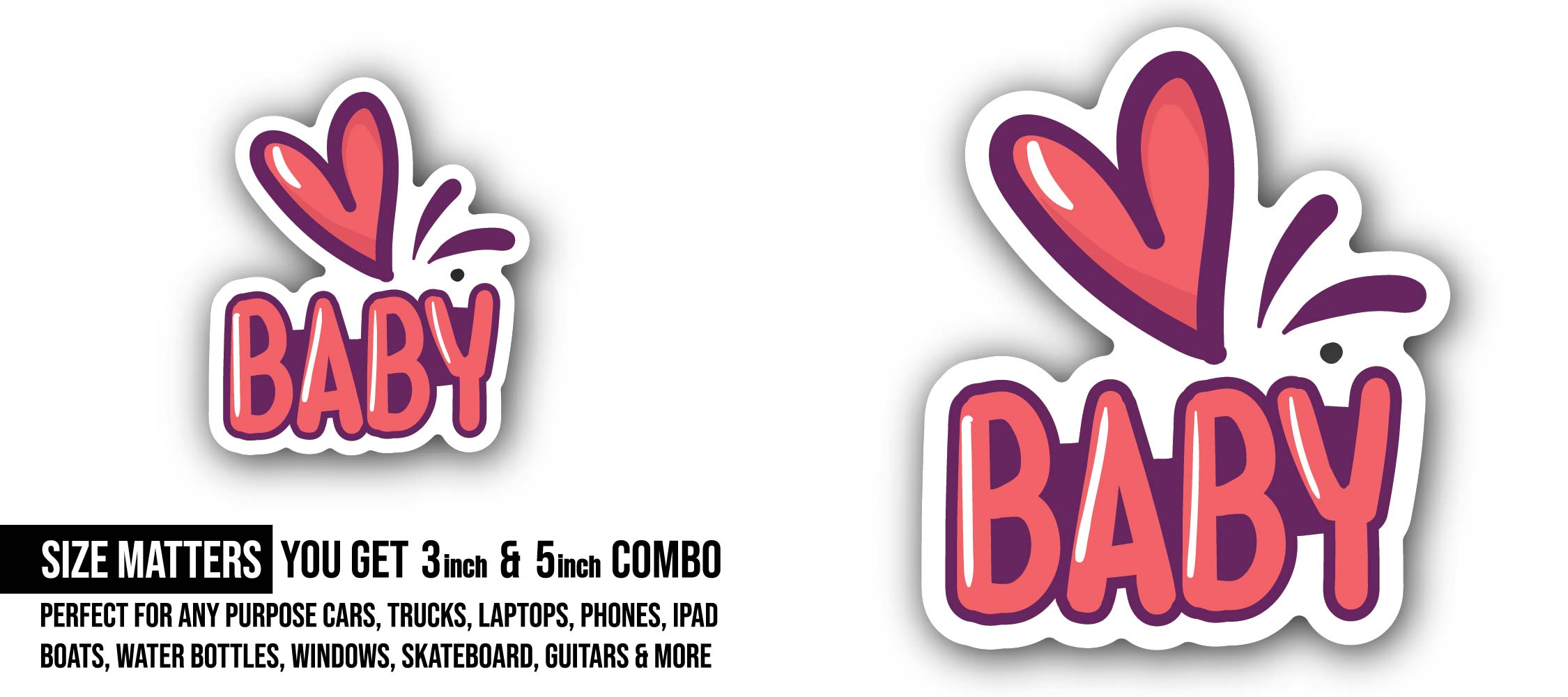 Red heart & Baby Text Sticker, Waterproof Vinyl Decal Sticker Indoor Or Outdoor 2 (Pieces) 3" and 5"