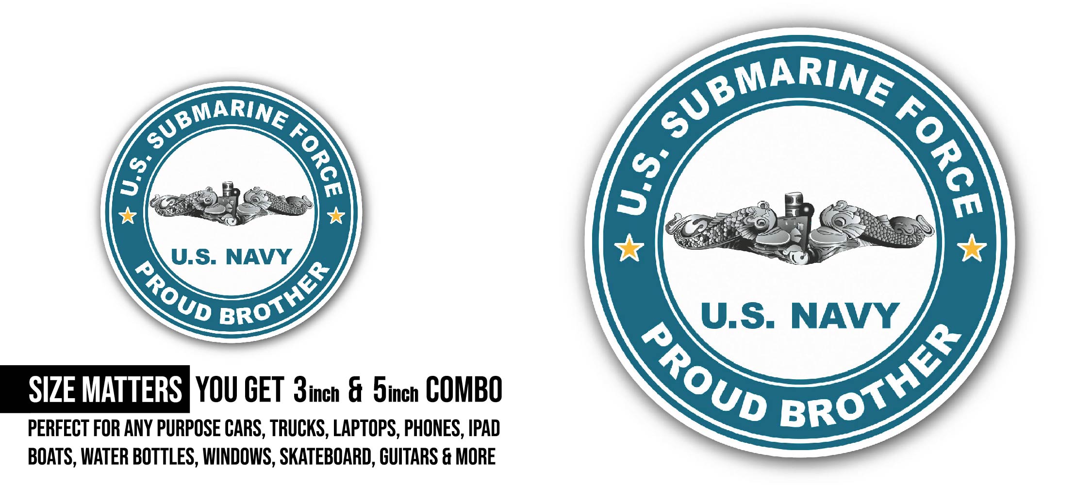 US Submarine Force Proud Brother Silver Dolphins Sticker, Waterproof Vinyl Decal Sticker Indoor Or Outdoor 2 (Pieces) 3" and 5"