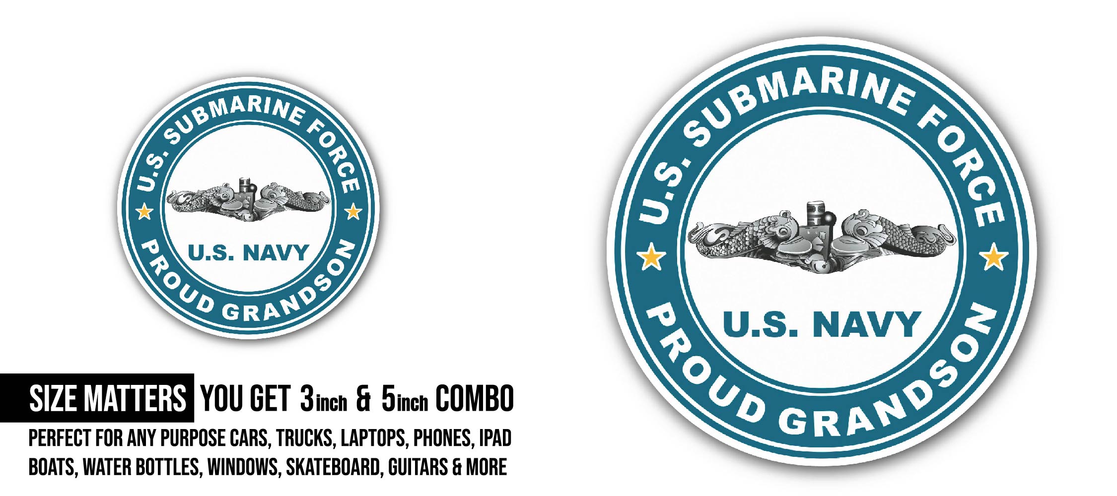 US Submarine Force Proud Grandson Silver Dolphins Sticker, Waterproof Vinyl Decal Sticker Indoor Or Outdoor 2 (Pieces) 3" and 5"