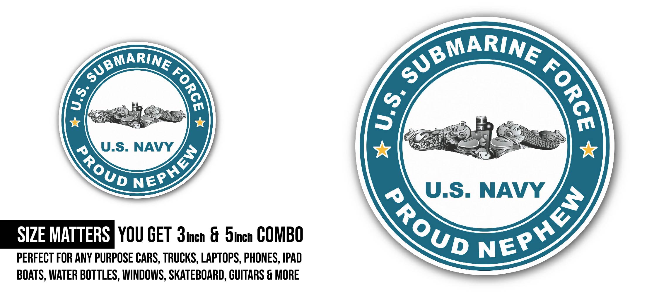 US Submarine Force Proud Nephew Silver Dolphins Sticker, Waterproof Vinyl Decal Sticker Indoor Or Outdoor 2 (Pieces) 3" and 5"