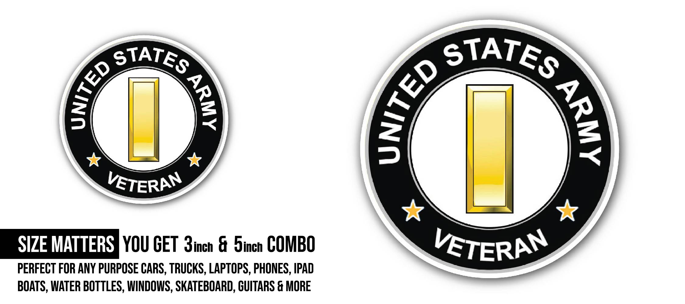 U.S. Army 2nd Lieutenant Rank Veteran Sticker, Waterproof Vinyl Decal Sticker Indoor Or Outdoor 2 (Pieces) 3" and 5"