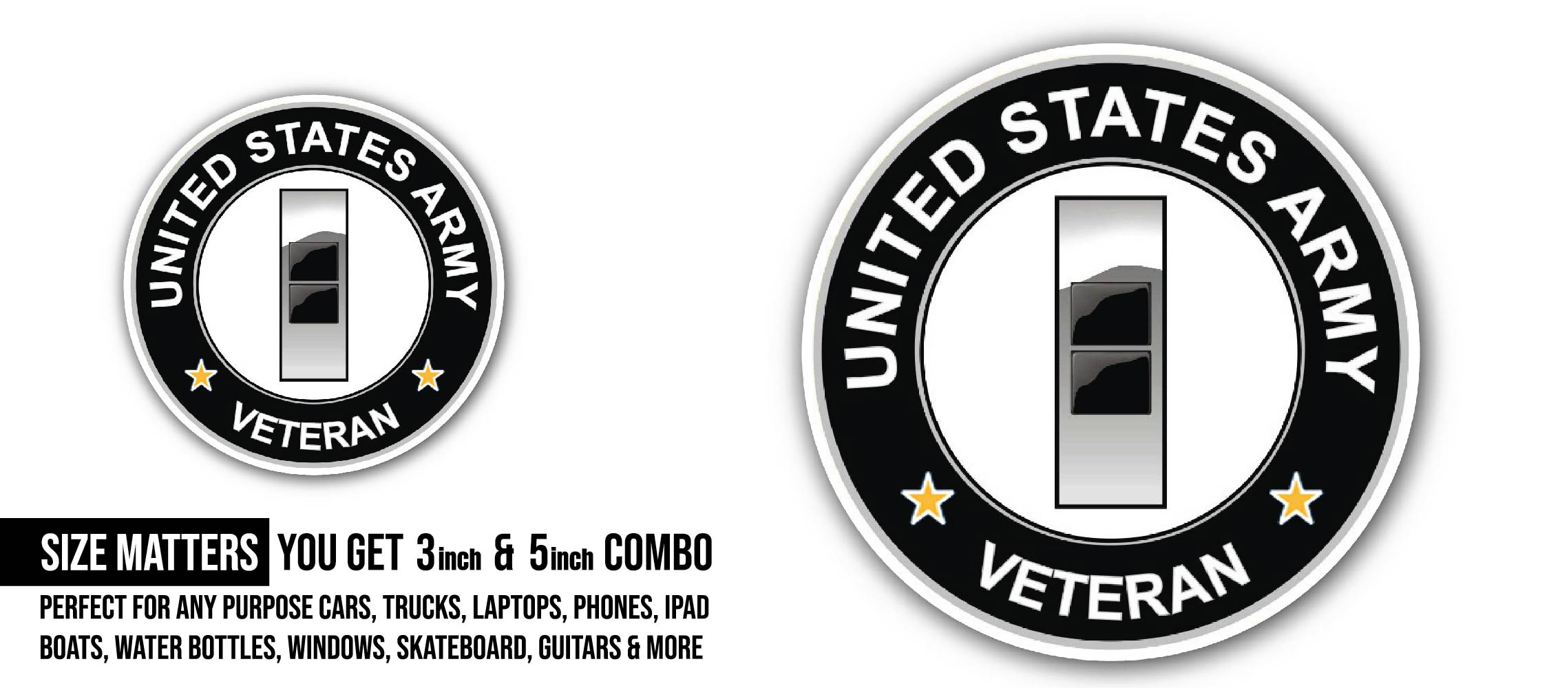 U.S. Army Chief Warrant Officer 2 Veteran Sticker, Waterproof Vinyl Decal Sticker Indoor Or Outdoor 2 (Pieces) 3" and 5"
