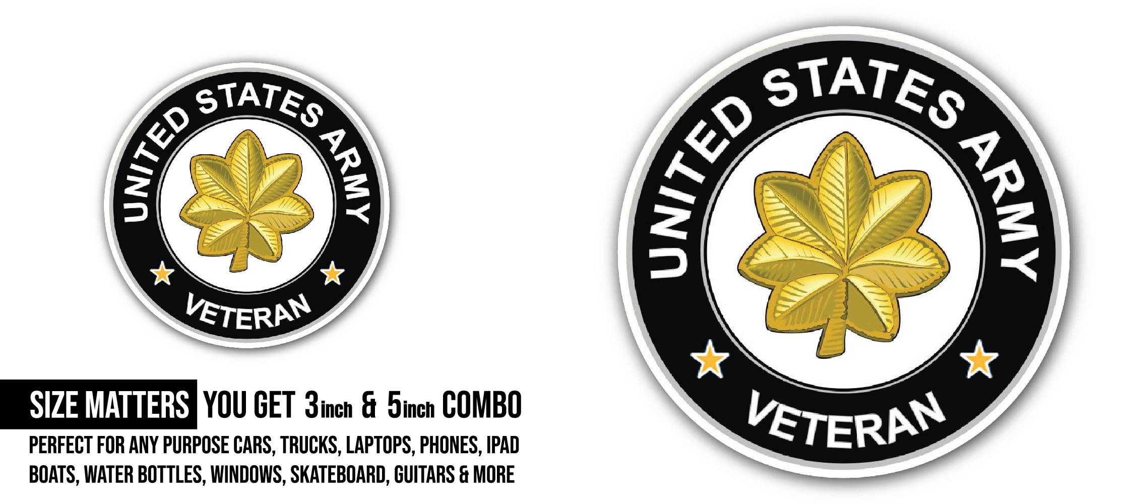 U.S. Army Major Veteran Sticker, Waterproof Vinyl Decal Sticker Indoor Or Outdoor 2 (Pieces) 3" and 5"