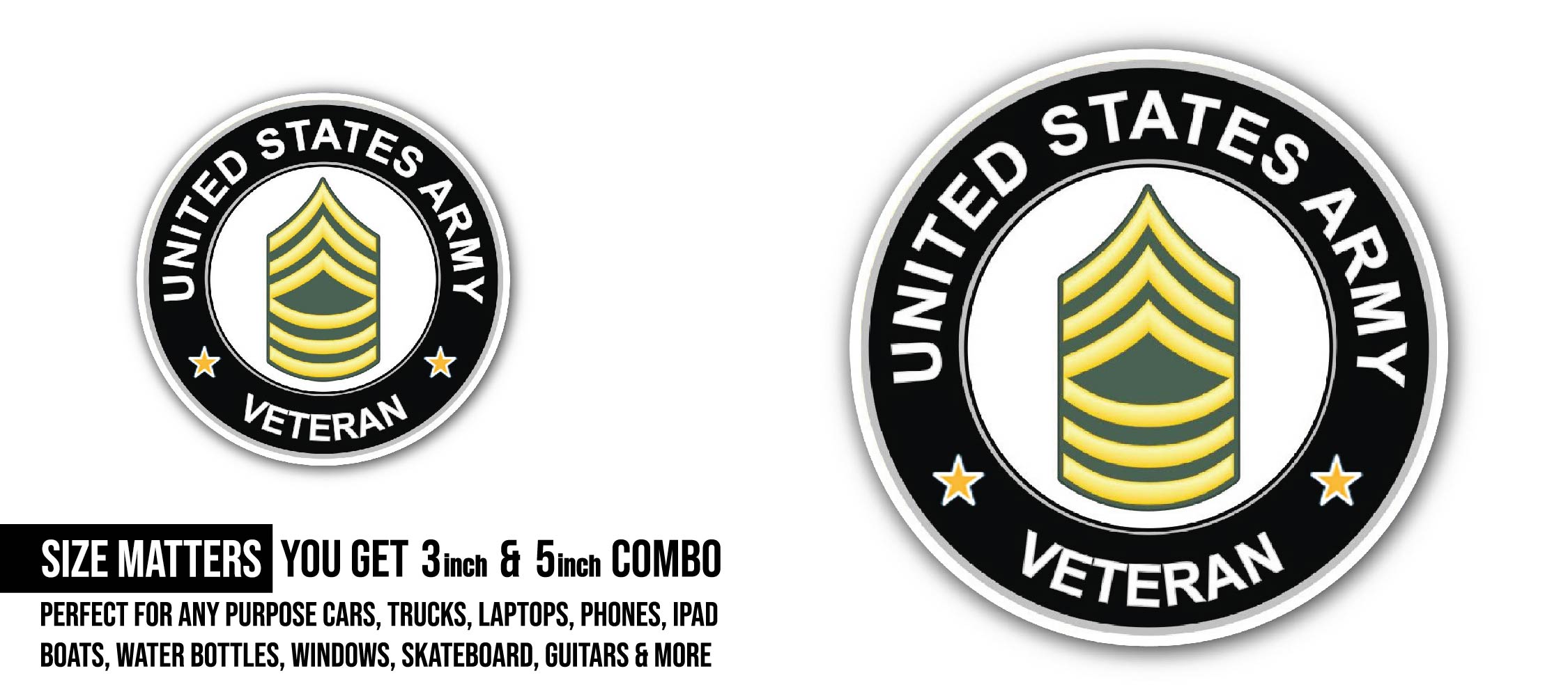 U.S. Army Master Sergeant Veteran Sticker, Waterproof Vinyl Decal Sticker Indoor Or Outdoor 2 (Pieces) 3" and 5"