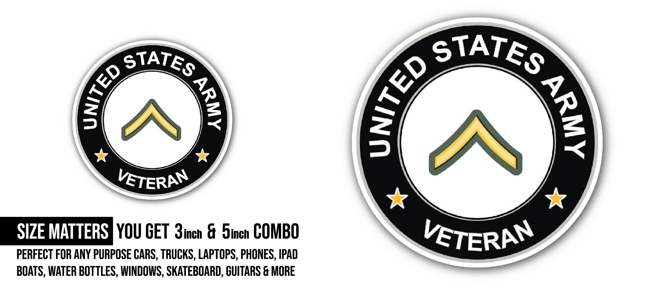 U.S. Army Private Veteran Sticker, Waterproof Vinyl Decal Sticker Indoor Or Outdoor 2 (Pieces) 3" and 5"