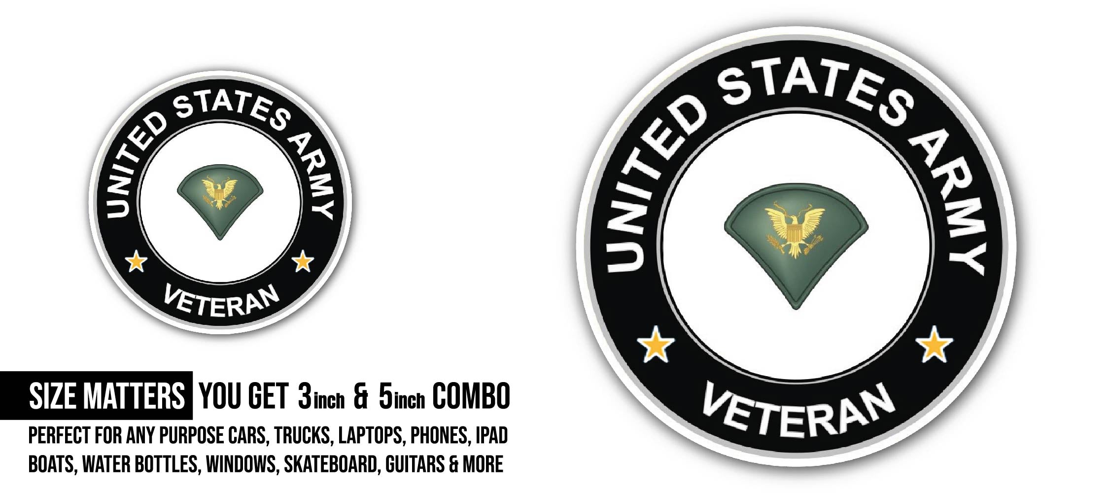 U.S. Army Specialist Veteran Sticker, Waterproof Vinyl Decal Sticker Indoor Or Outdoor 2 (Pieces) 3" and 5"