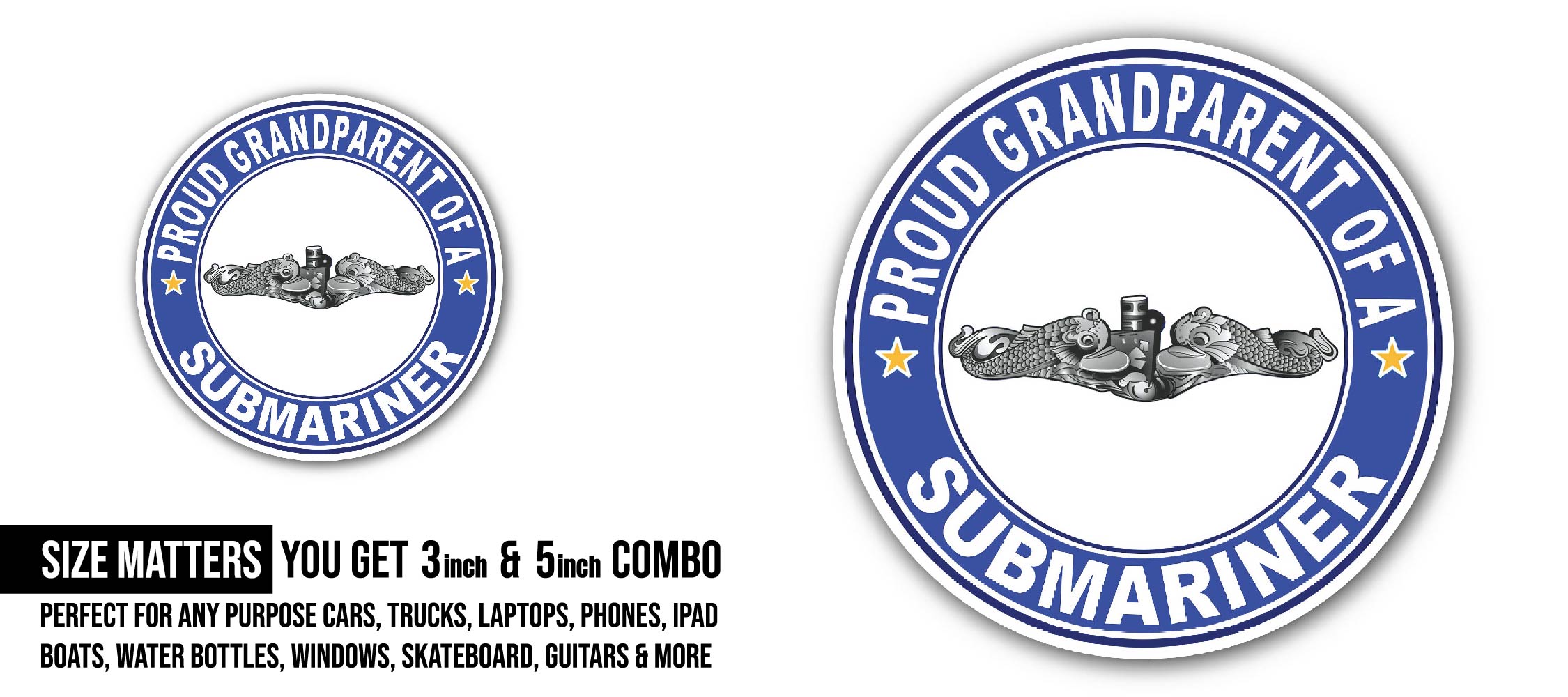 Proud Grandparent of a Submariner Silver Dolphins Sticker, Waterproof Vinyl Decal Sticker Indoor Or Outdoor 2 (Pieces) 3" and 5"