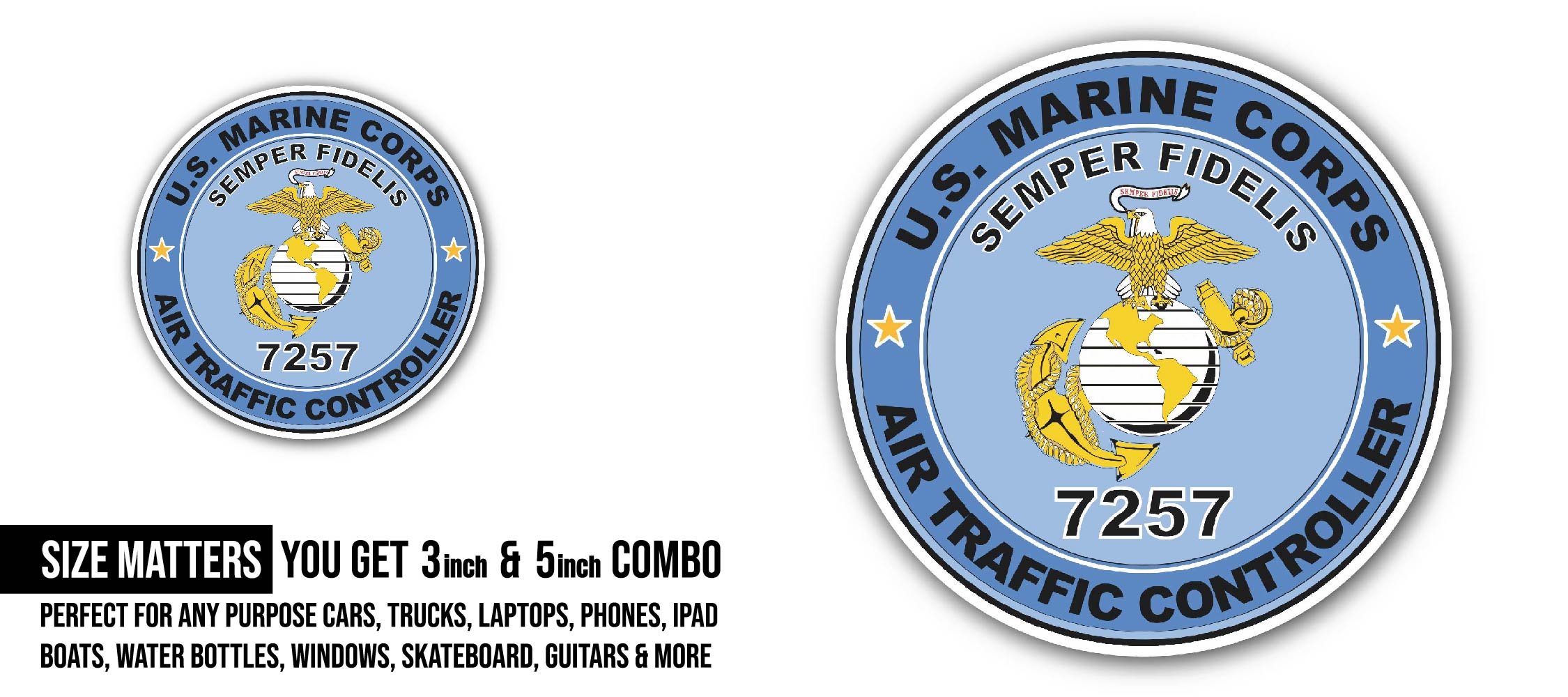 U.S.M.C. MOS 7257 Air Traffic Controller Sticker, Waterproof Vinyl Decal Sticker Indoor Or Outdoor 2 (Pieces) 3" and 5"