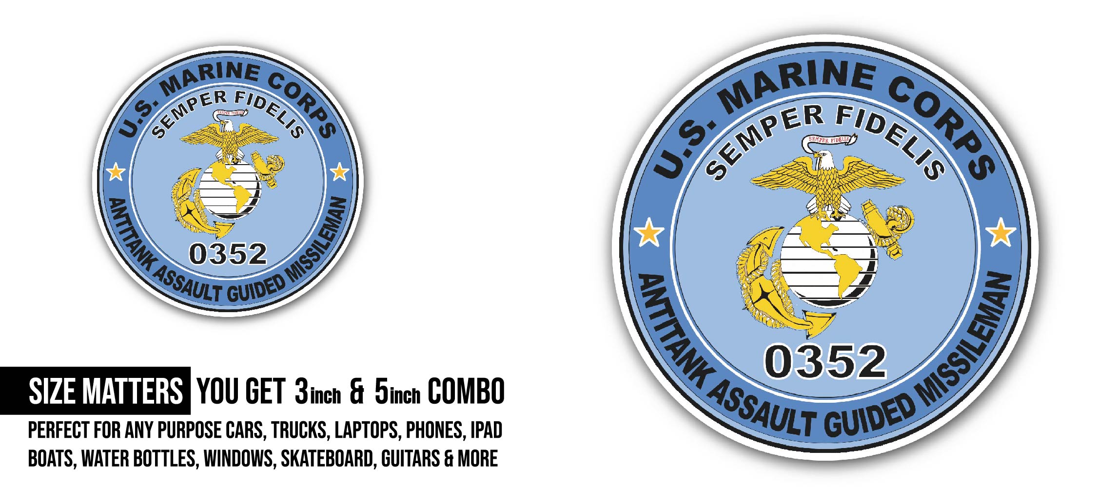 Antitank Assault Guided Missileman MOS 0352 U.S.M.C Military Sticker, Waterproof Vinyl Decal Sticker Indoor Or Outdoor 2 (Pieces) 3" and 5"